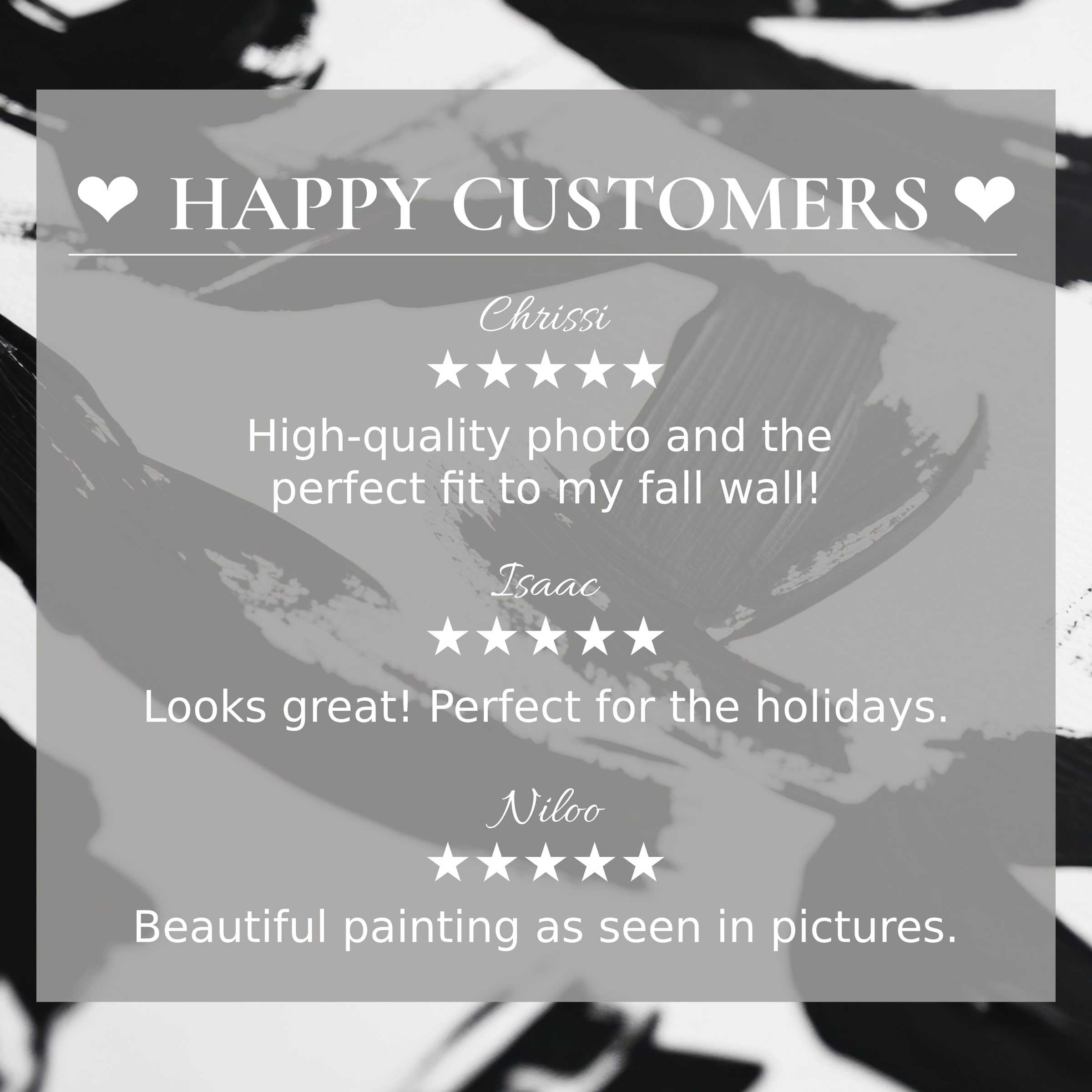Black and white art for Frame TV with abstract brushstrokes, showcasing happy customer reviews and refined elegance