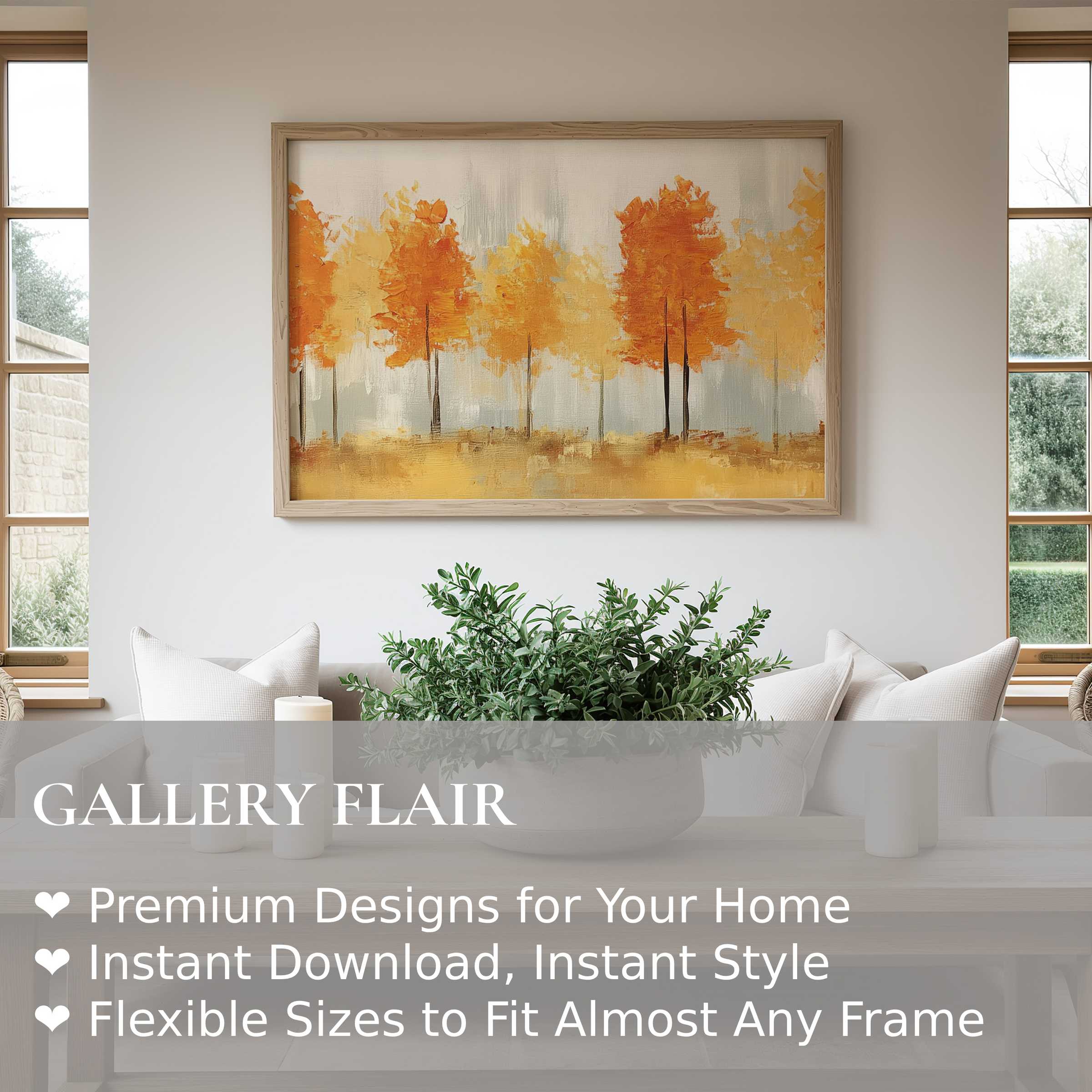 Radiant fall wall art print with vibrant orange and gold trees, enhancing modern minimalist living rooms with warm, elegant autumn vibes