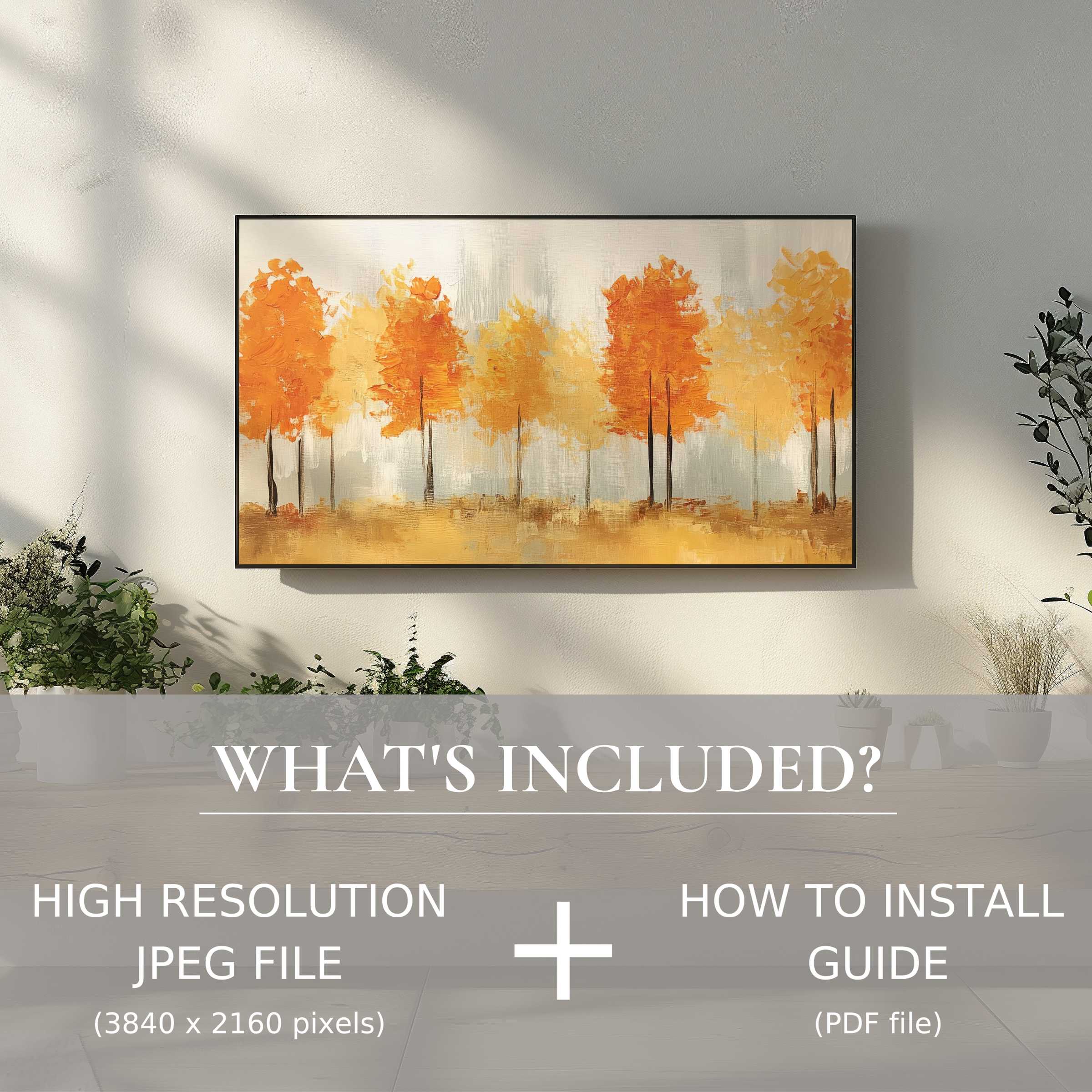 Elegant fall digital TV art download with vibrant trees, easy digital use elevates your modern living space