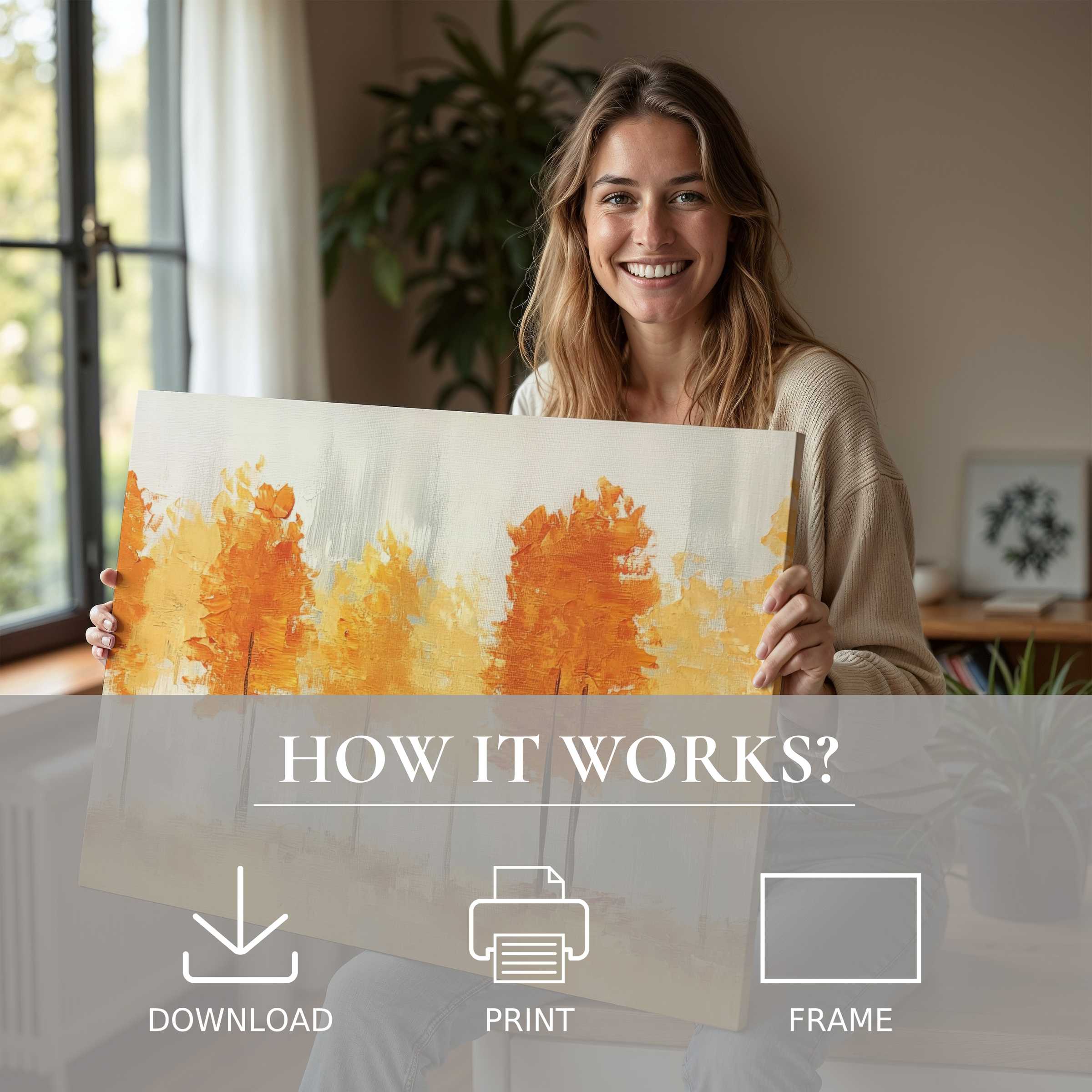 A joyful moment unveiling fall digital art print, infusing a modern home with warm amber hues and serene elegance
