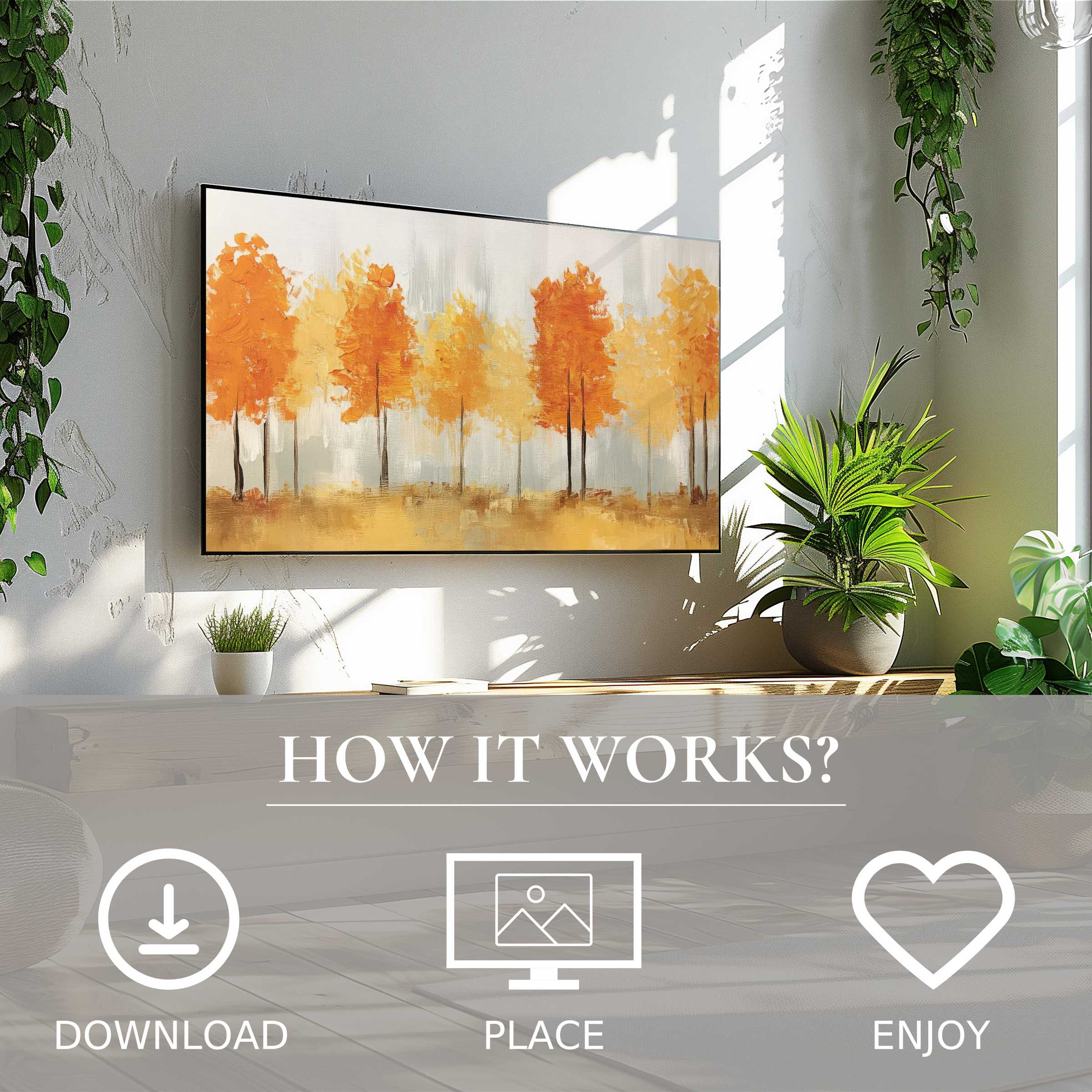 Fall art for Samsung TV: warm orange and yellow trees in soft hues, easy digital download enriches modern living spaces
