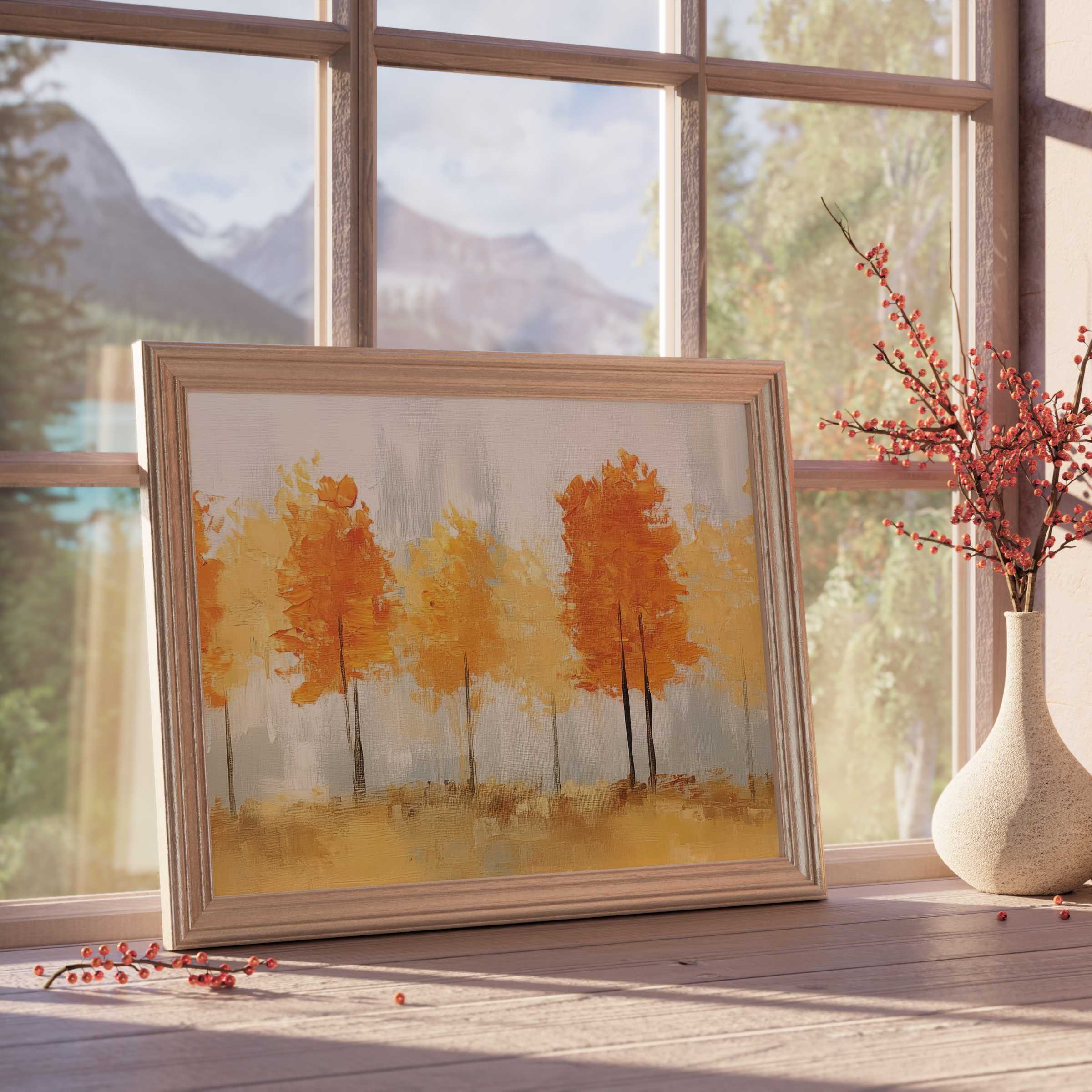 Fall downloadable art radiates autumn’s warm glow with vibrant orange and golden trees, perfect for curated, tranquil spaces