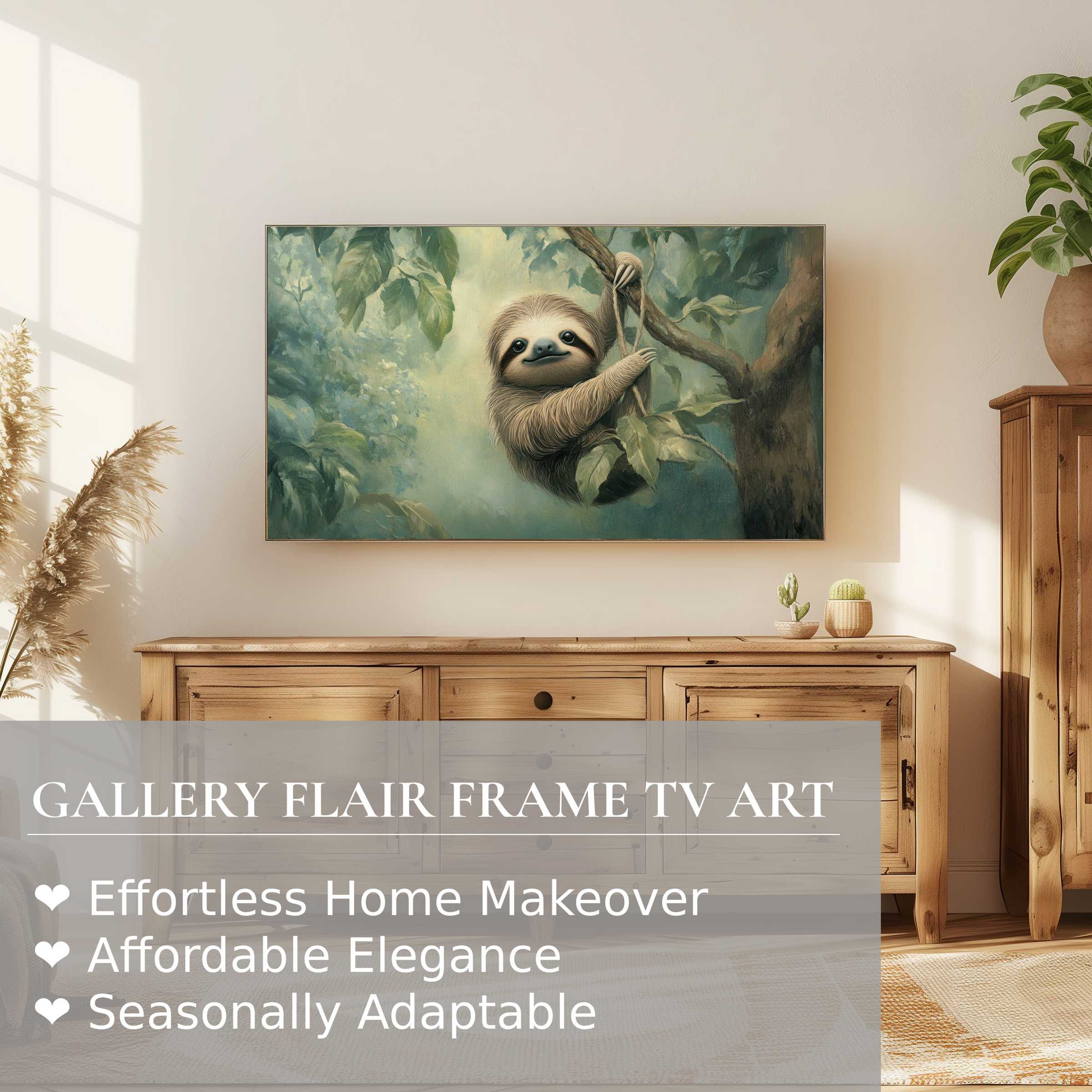 Samsung Frame TV displays charming nursery digital artwork of a serene sloth in a modern, cozy room setting
