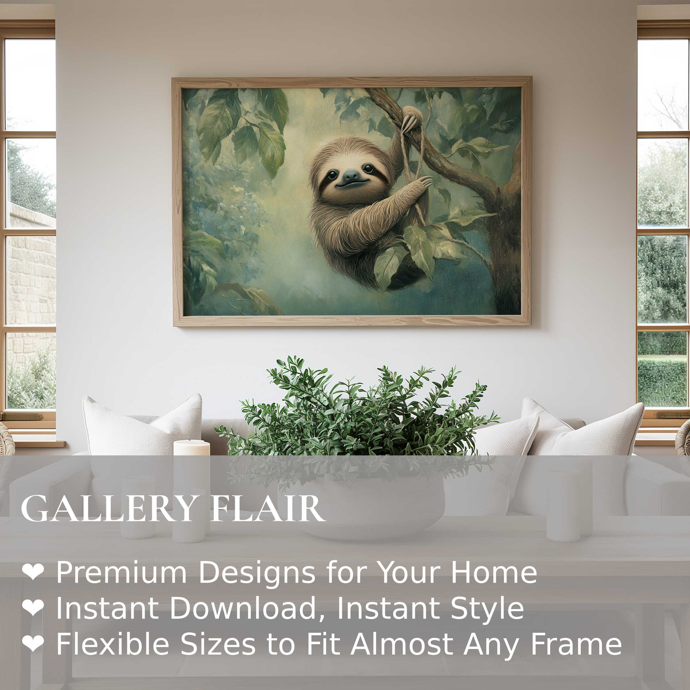 Nursery wall art print featuring a soft, enchanting sloth in lush greenery; elevates modern, serene nursery or kids’ room decor