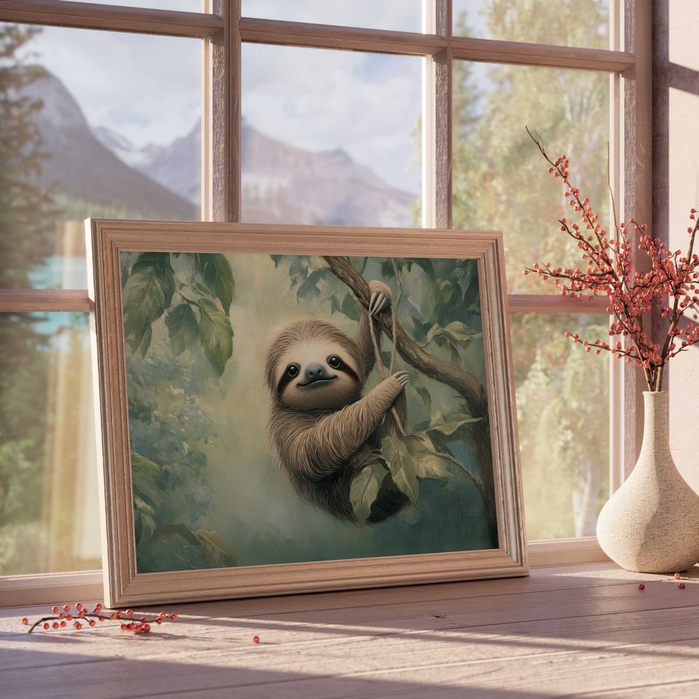 Charming nursery downloadable art featuring a serene baby sloth, enhancing tranquil, curated interiors with warm, nature-inspired elegance