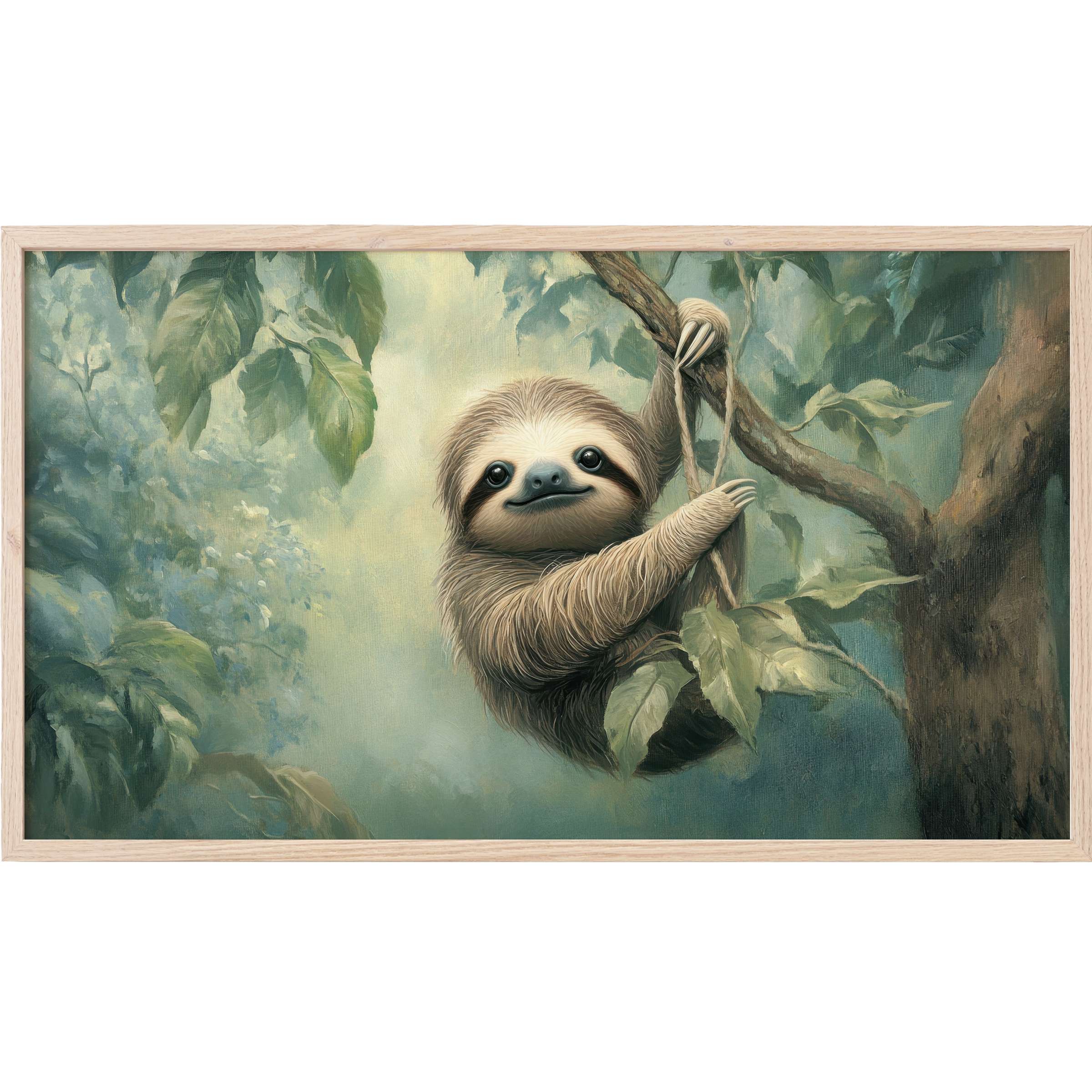Charming sloth amid soft green foliage in serene tones, a cozy nursery Frame TV Art for modern spaces