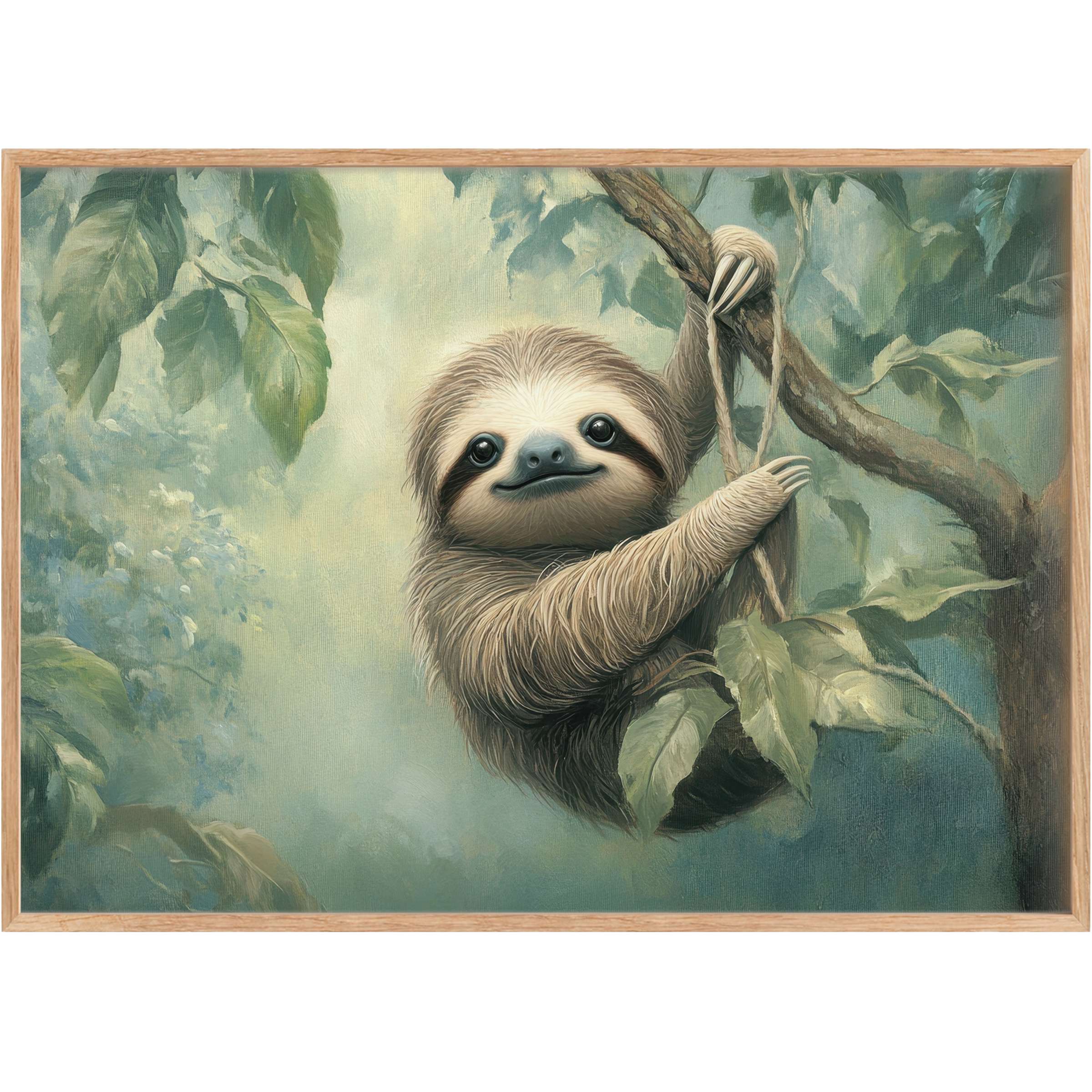 Adorable nursery printable wall art capturing a serene sloth amid soft greens and calming blues, evoking gentle tranquility