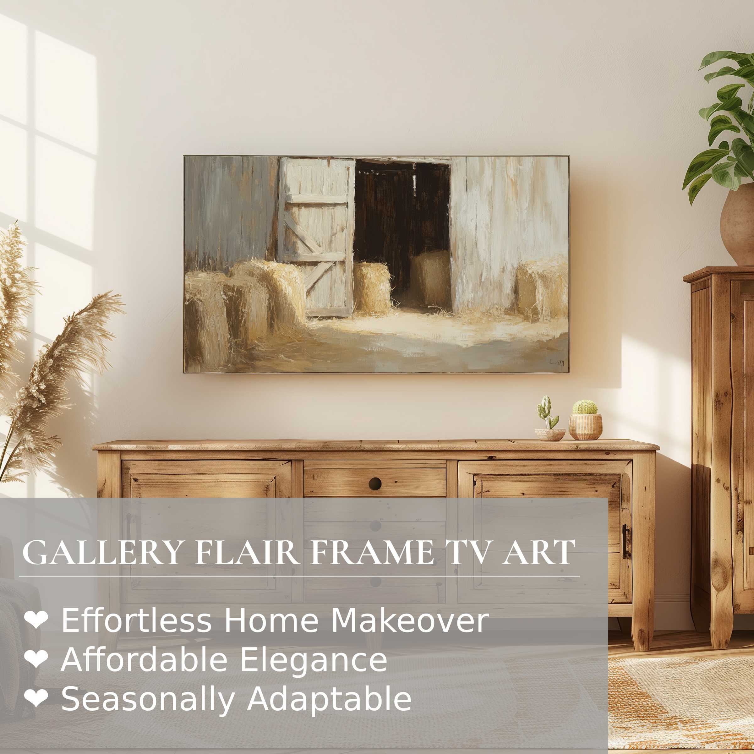 Samsung Frame TV featuring elegant farmhouse digital artwork in a warm, sunlit rustic living room setting