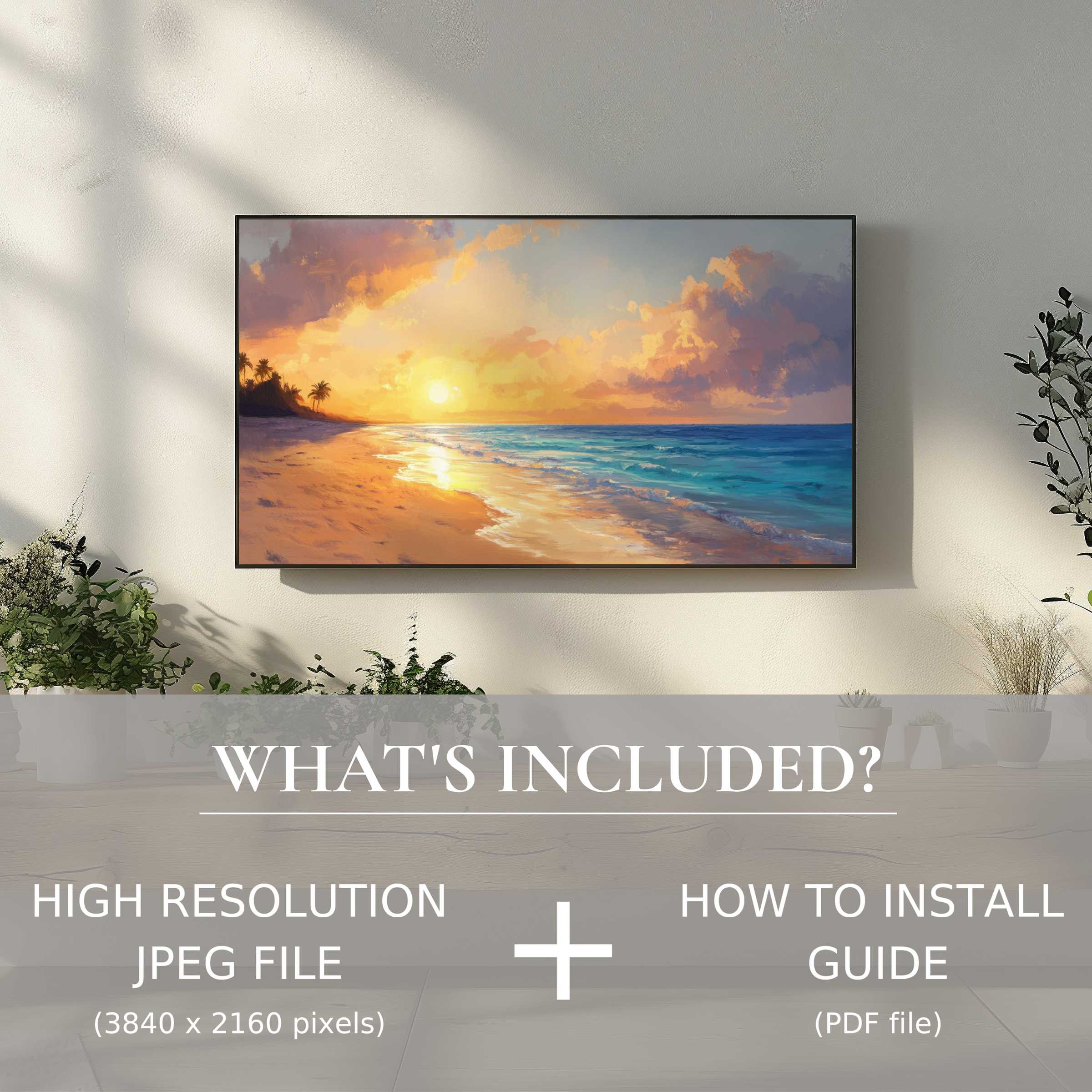 Elegant beach digital TV art download enhances your living space with easy digital use and stunning sunset visuals