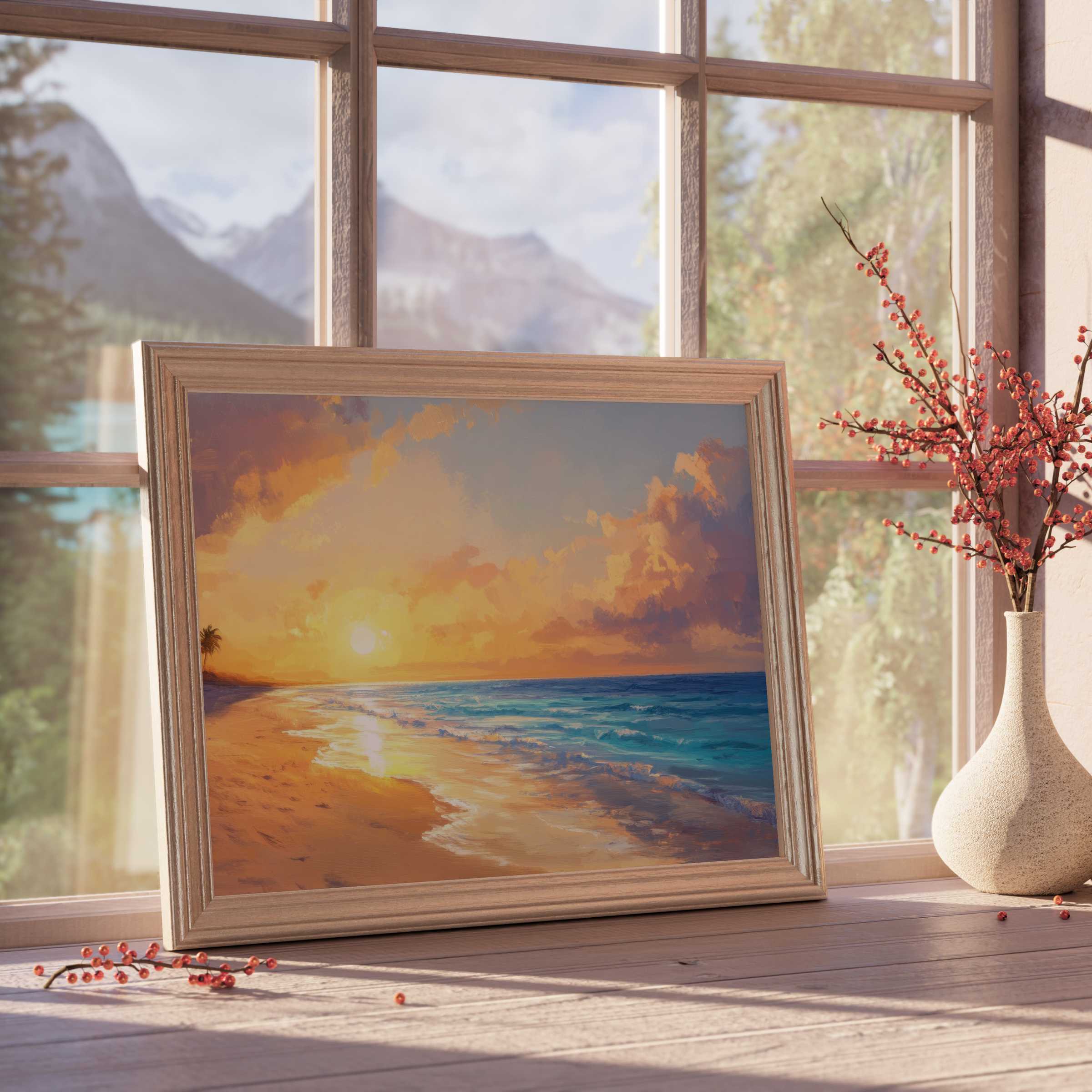 Tranquil beach downloadable art capturing a golden sunset shore, enhancing serene, curated interiors with warm coastal charm