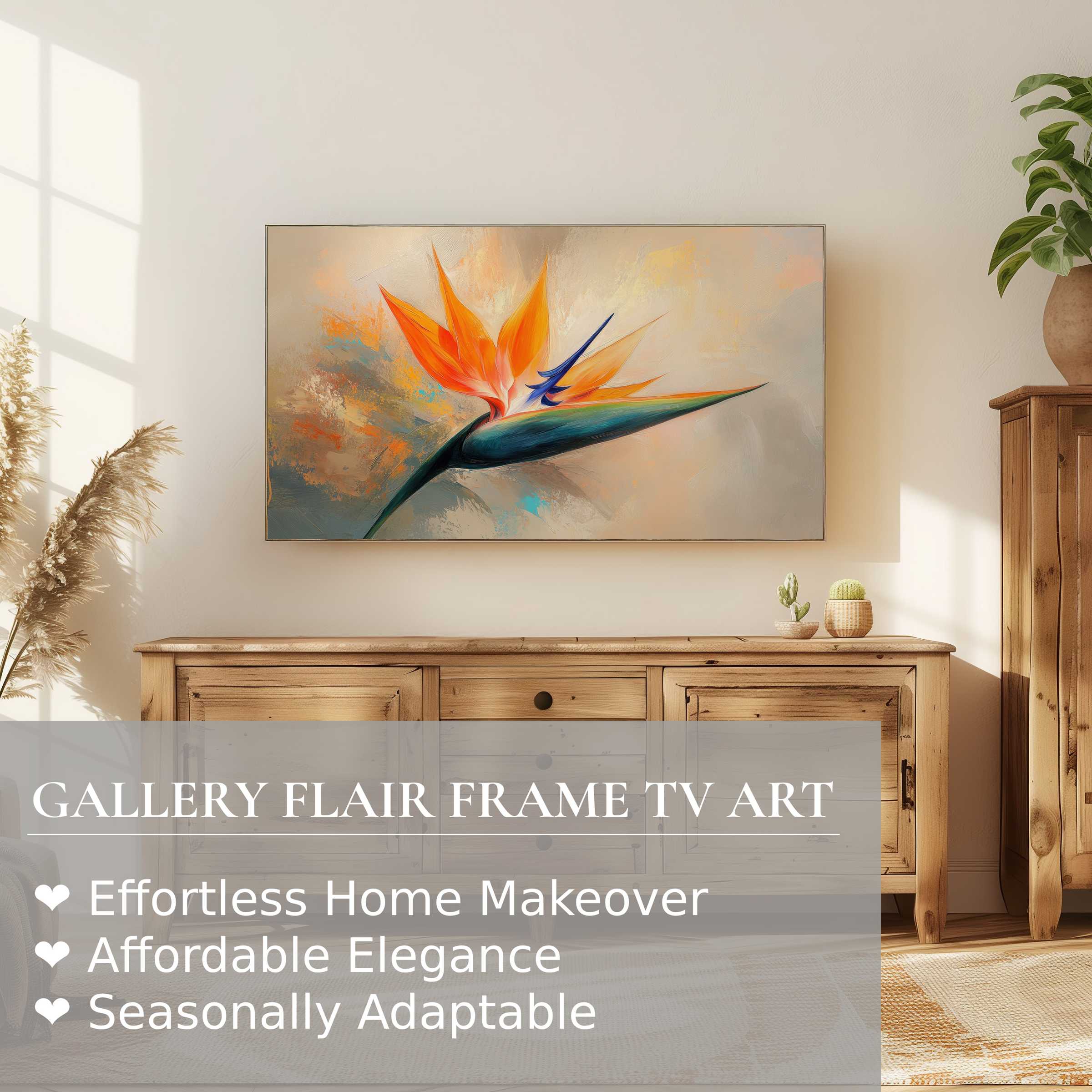 Modern botanical digital artwork of a vibrant bird of paradise on Samsung Frame TV in stylish natural decor