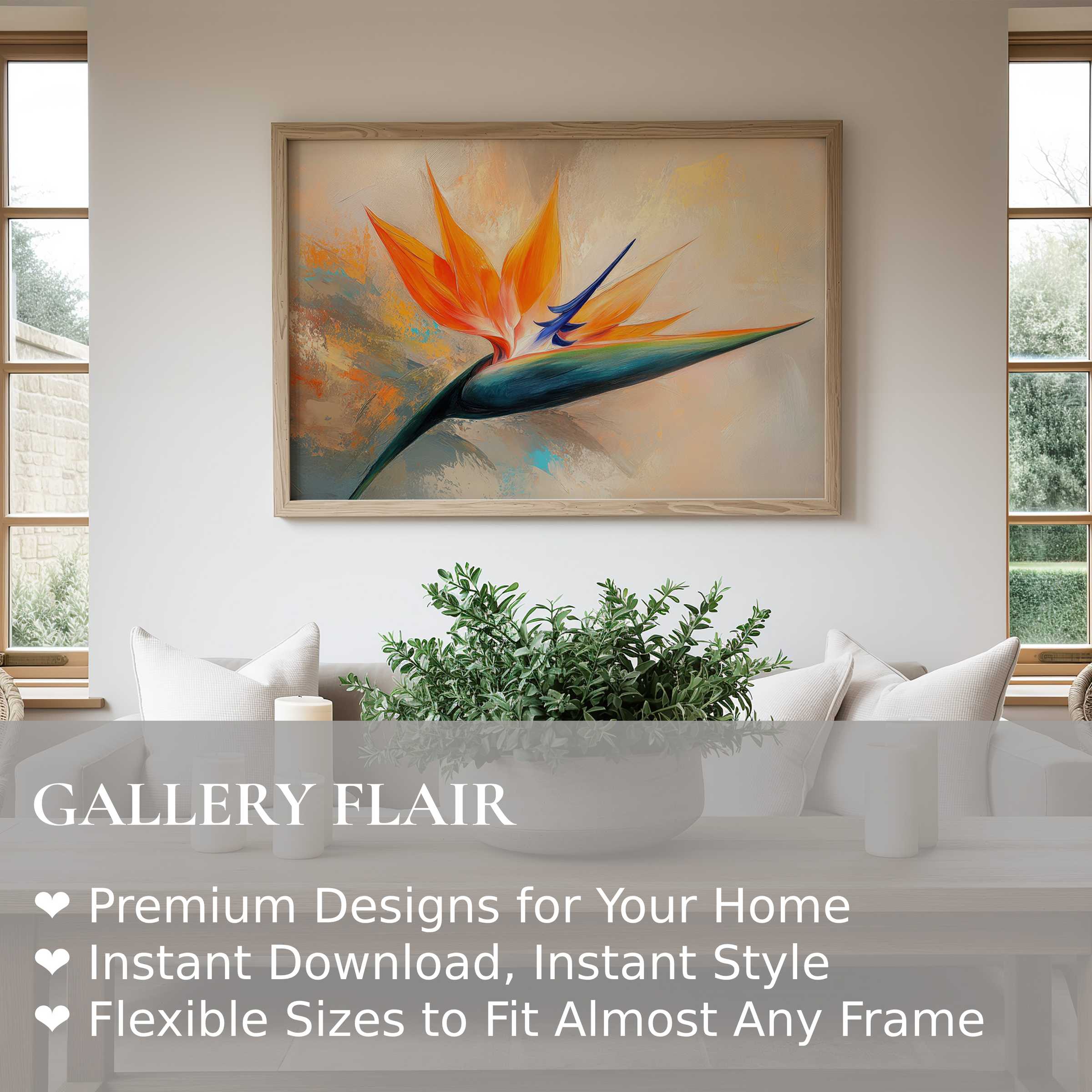 Botanical wall art print of a vibrant Bird of Paradise flower, enhancing a serene modern living space with radiant, bold elegance
