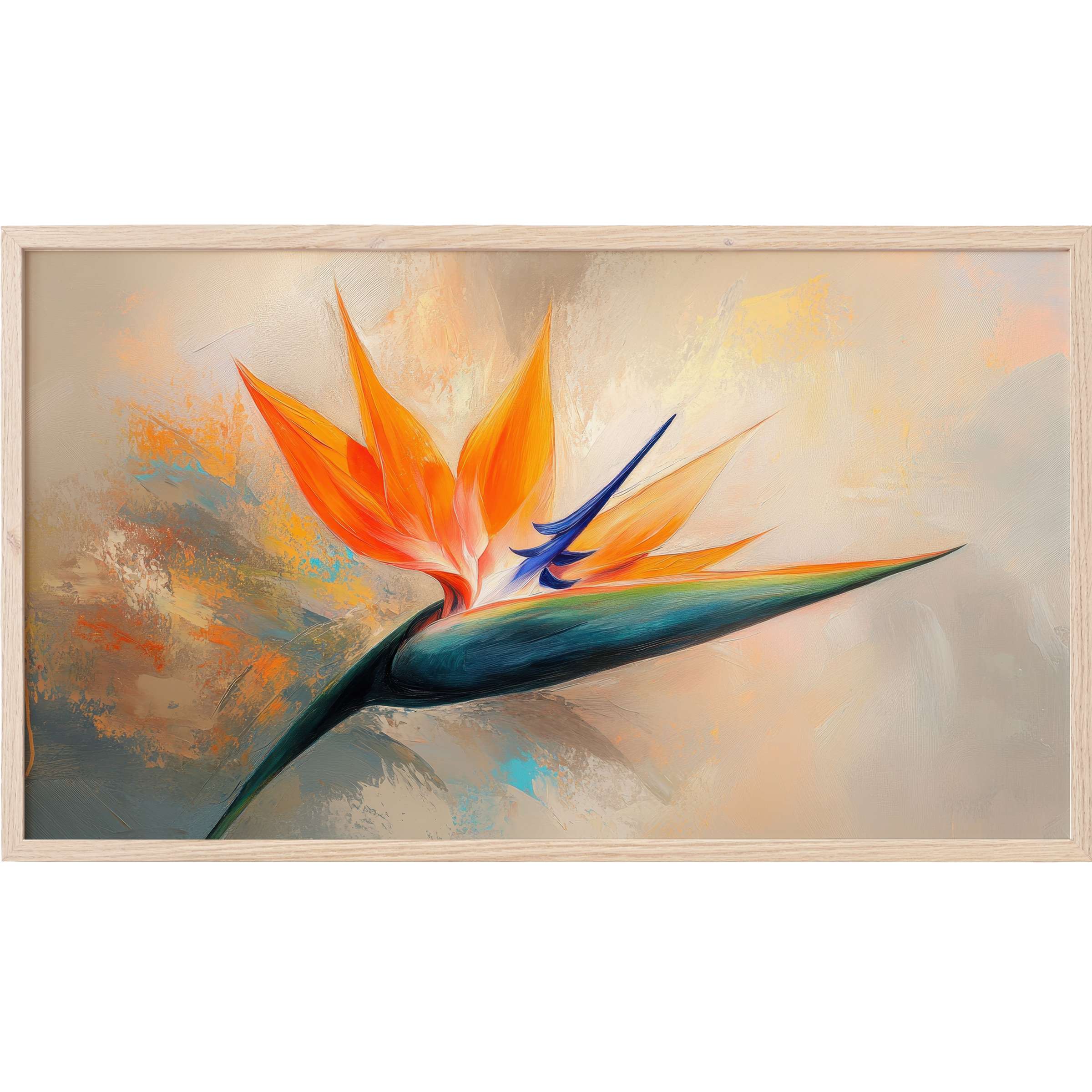 Vibrant bird of paradise in orange and blue hues with soft beige background, botanical Frame TV Art in modern elegance