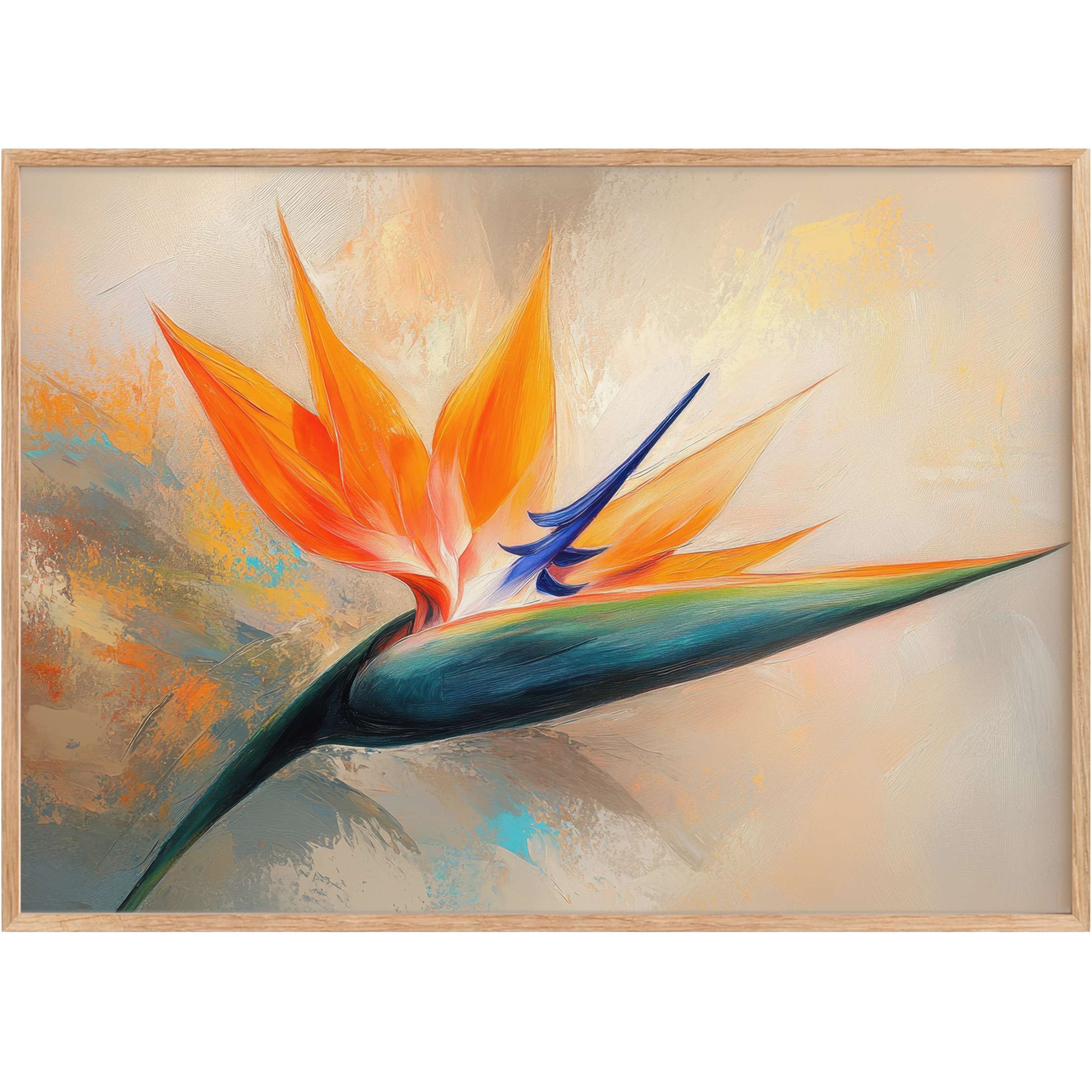 Botanical printable wall art capturing a radiant Bird of Paradise bloom in warm oranges and tranquil blues, elevating serene, stylish interiors