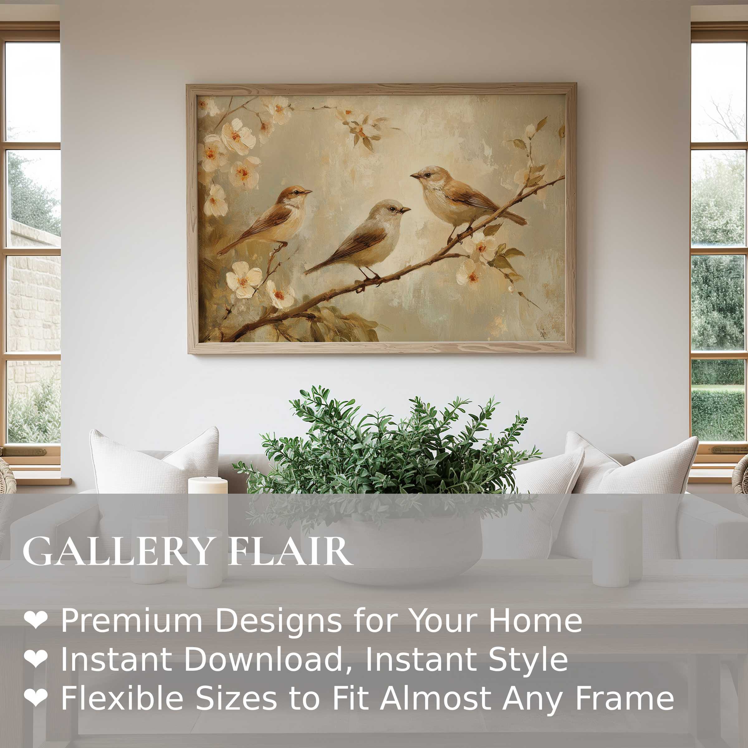 Elegant spring wall art print with soft, radiant birds and blossoms enhancing modern minimalist living spaces with serene, natural charm