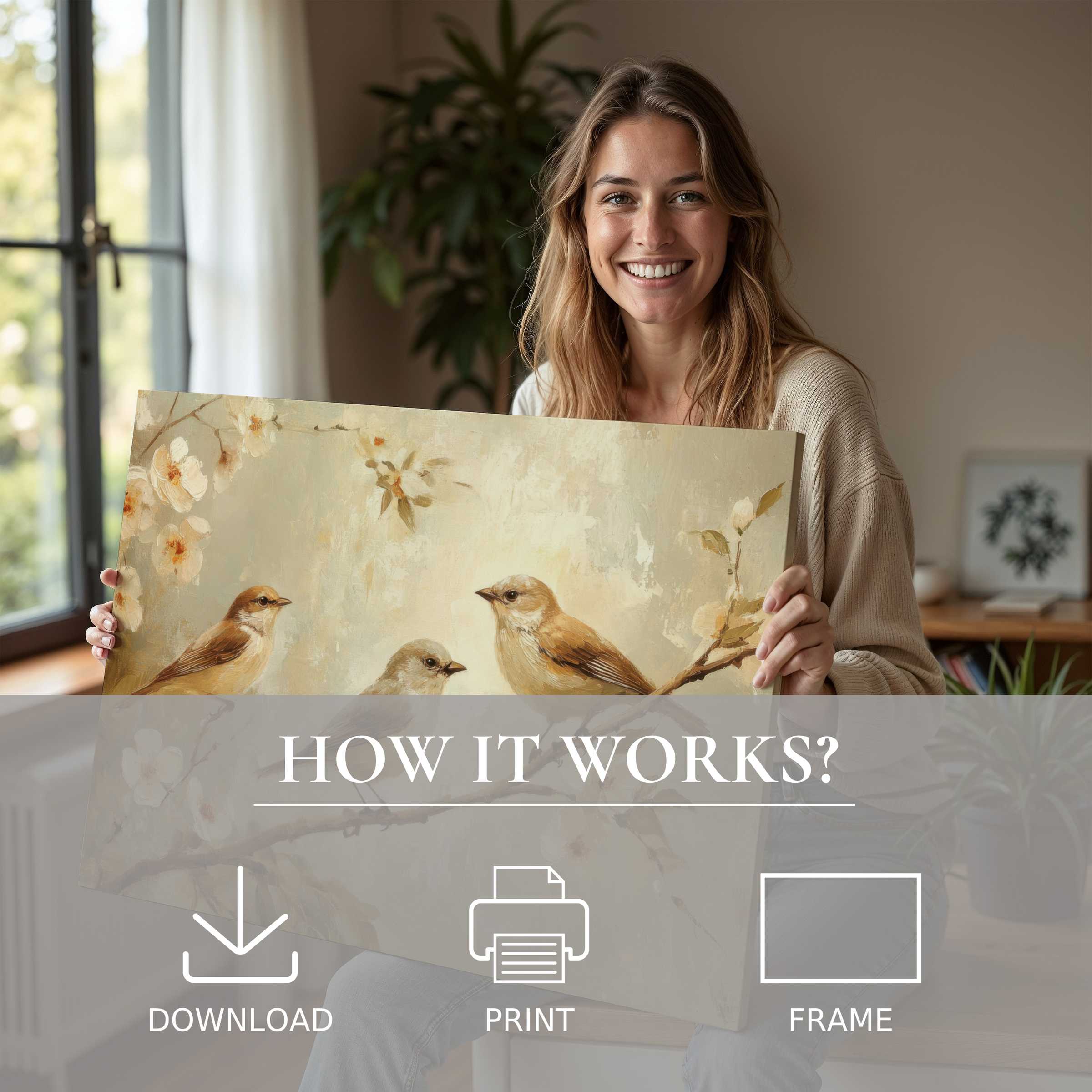 A serene moment of joy in a modern home, showcasing a spring digital art print that enriches spaces with timeless grace