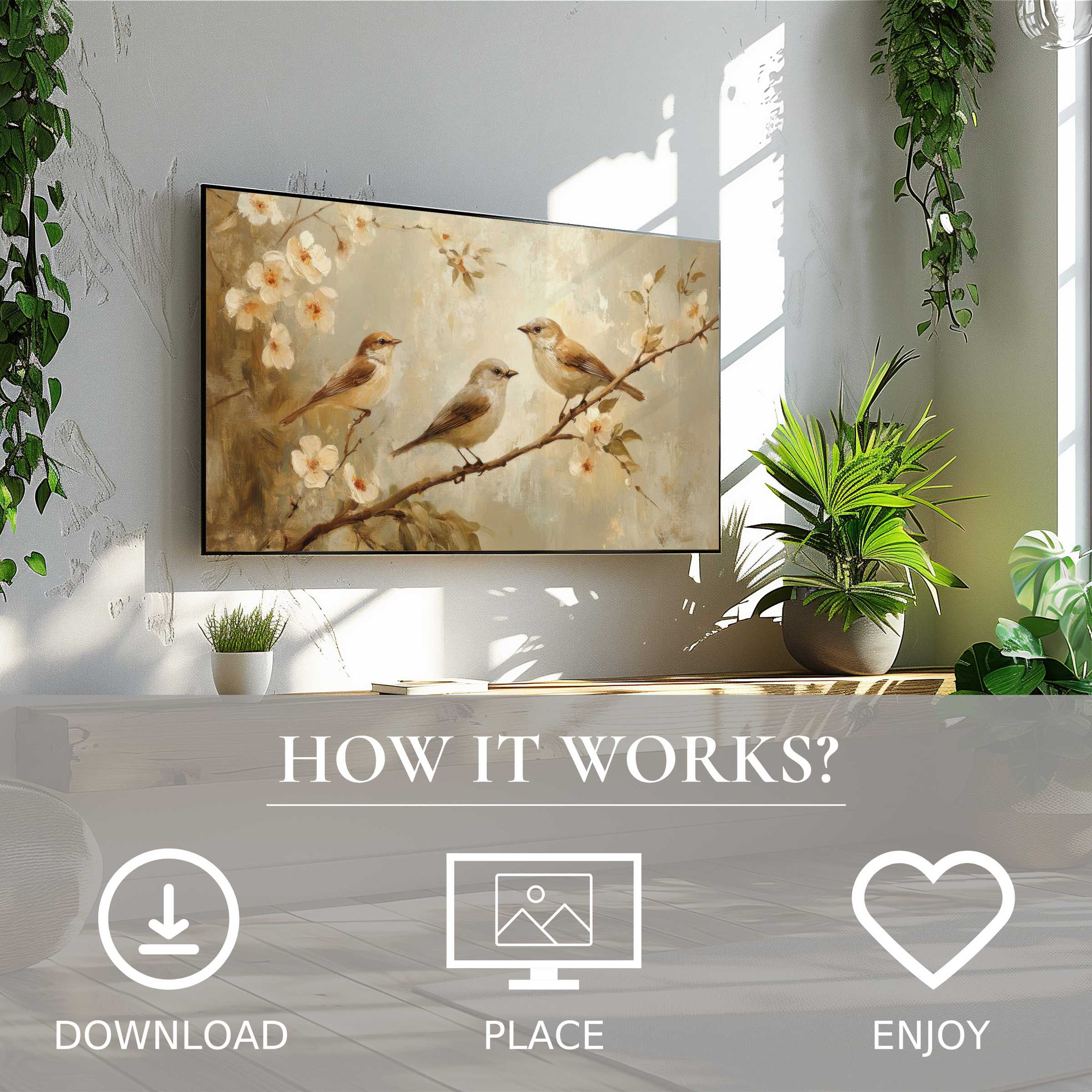 Spring art for Samsung TV shows soft bird and blossom motif, easy digital download enriches modern living space with simplicity
