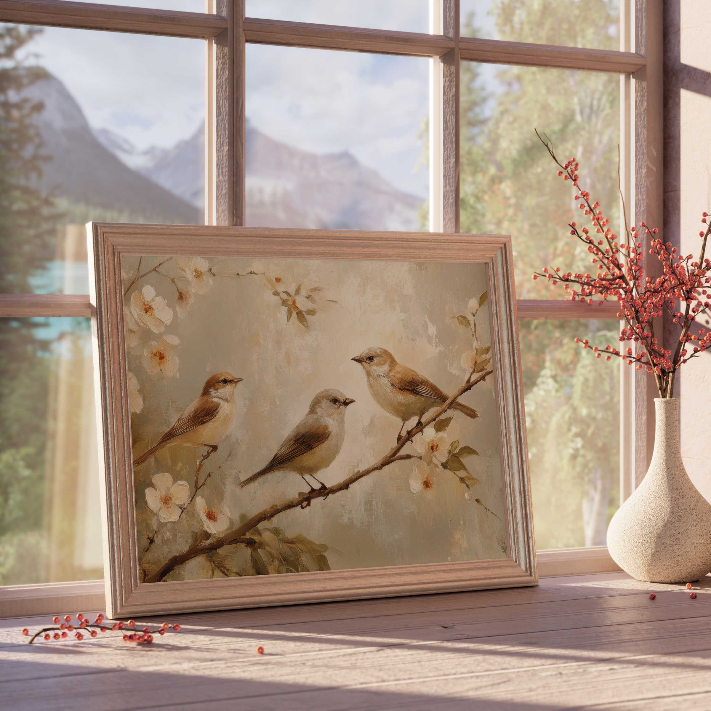 Elegant spring downloadable art featuring serene birds on blossoming branches, enhancing tranquil, curated interiors with warm natural light