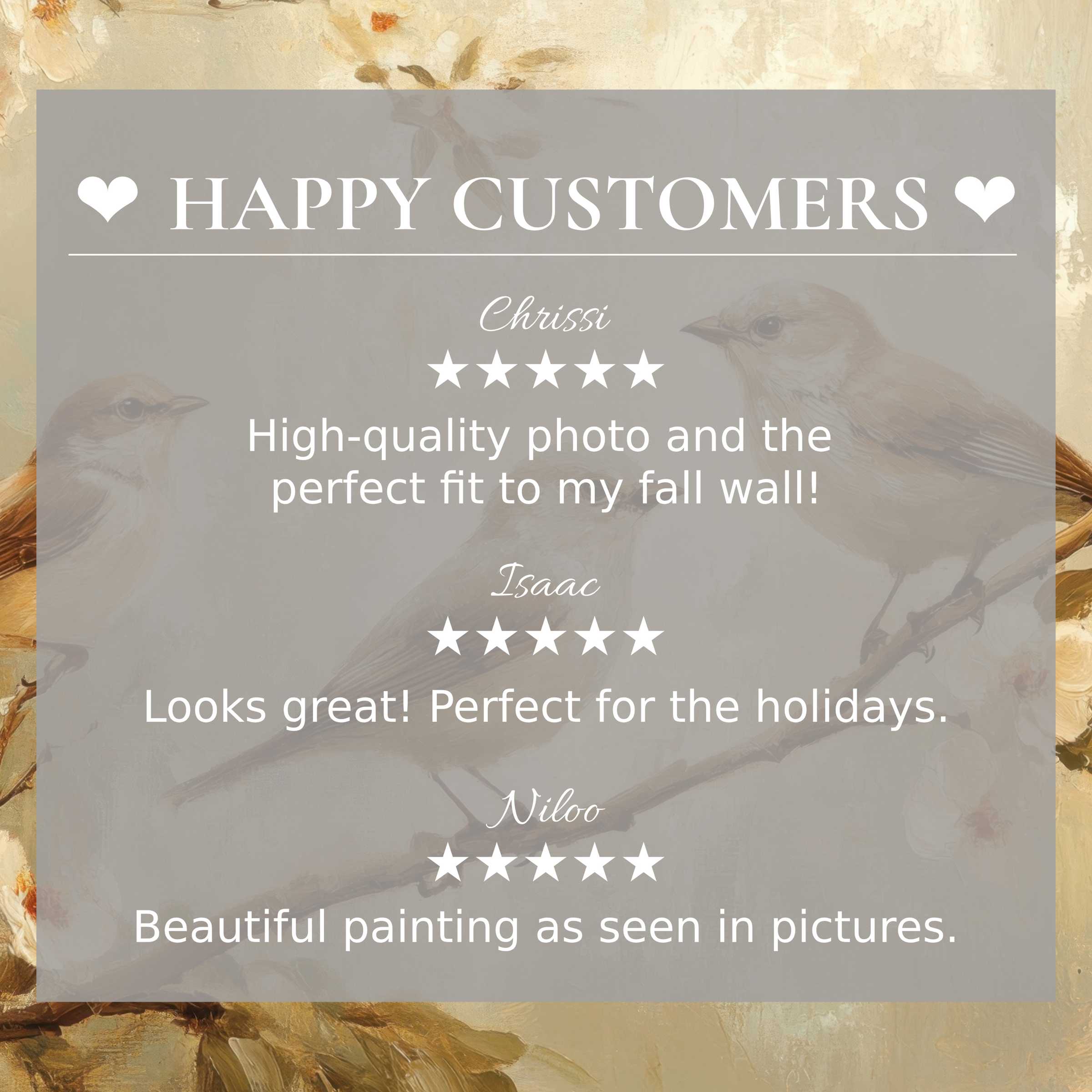 Spring art for Frame TV with abstract earthy tones and birds; happy customer reviews build trust and highlight refined elegance