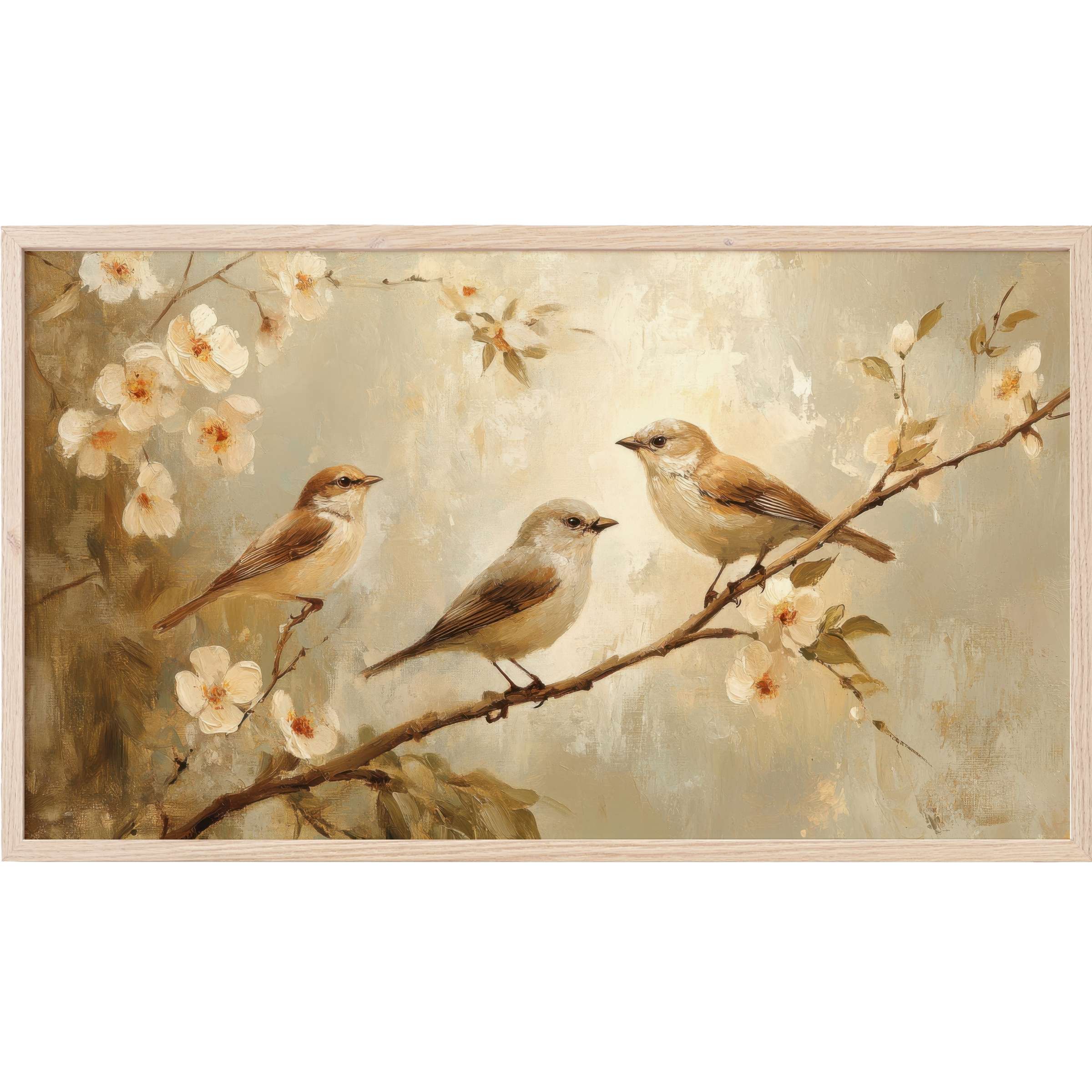 Elegant oil painting of three birds on blossoming branches in soft beige tones, perfect spring Frame TV Art