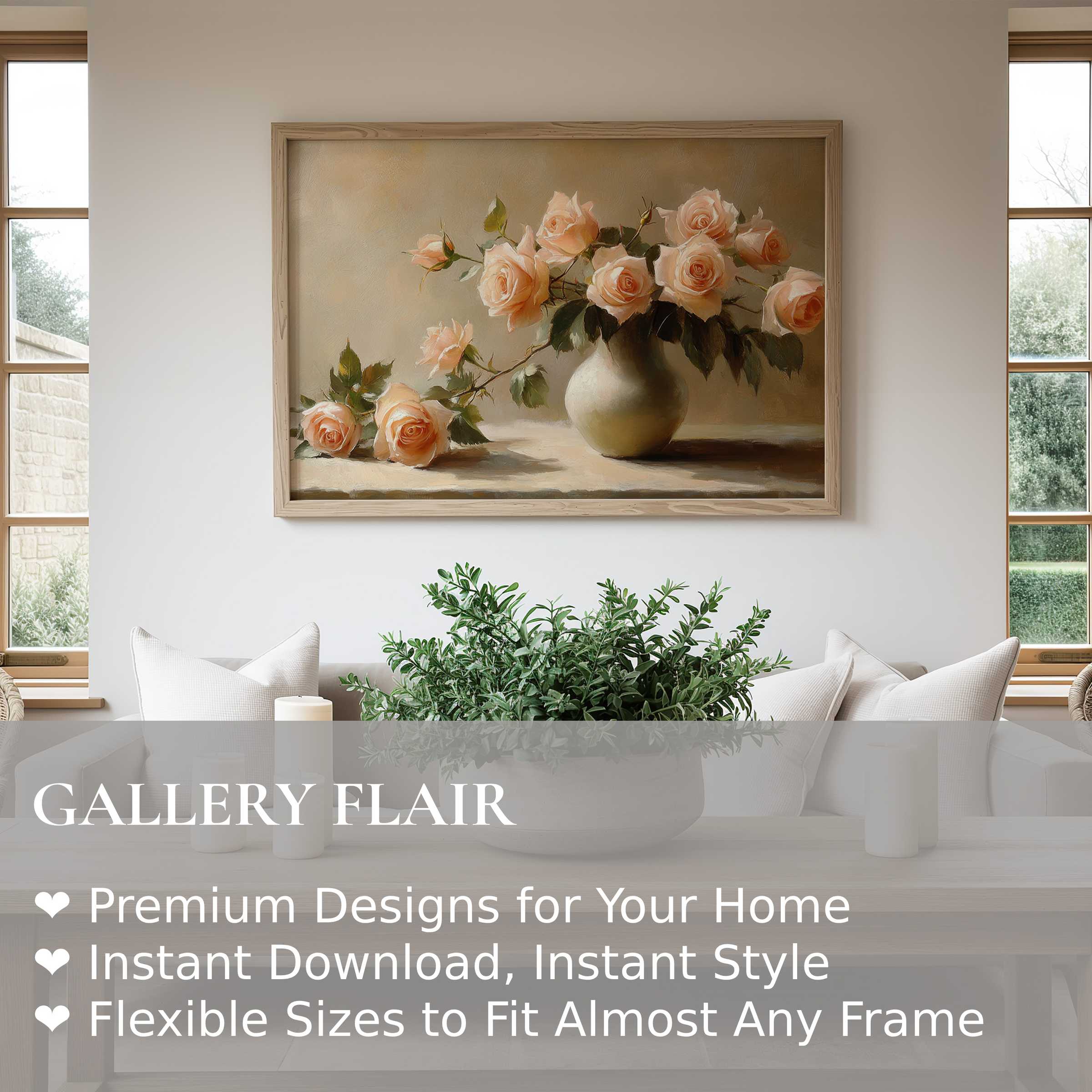 Elegant floral wall art print featuring delicate peach roses in a classic vase, enhancing serene modern farmhouse interiors with soft, timeless beauty