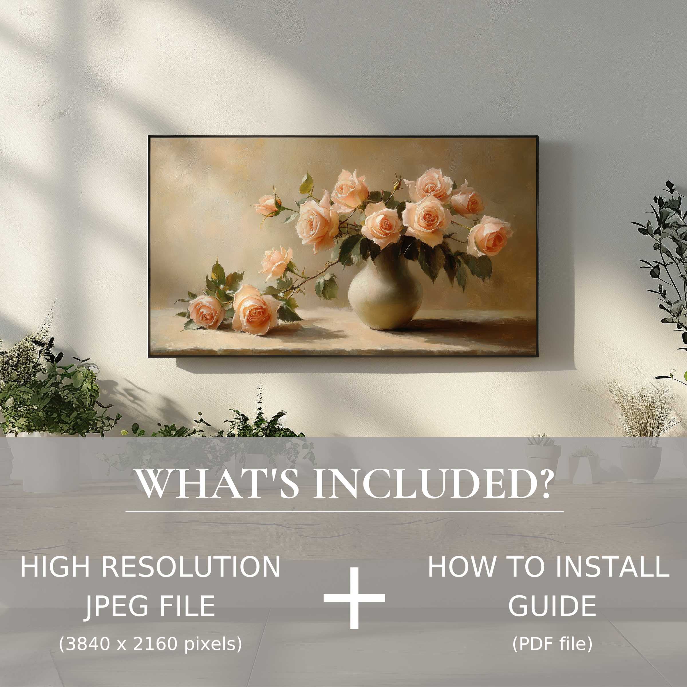 Elegant floral digital TV art download enhances modern living spaces with easy-to-use high-res digital files and installation guide
