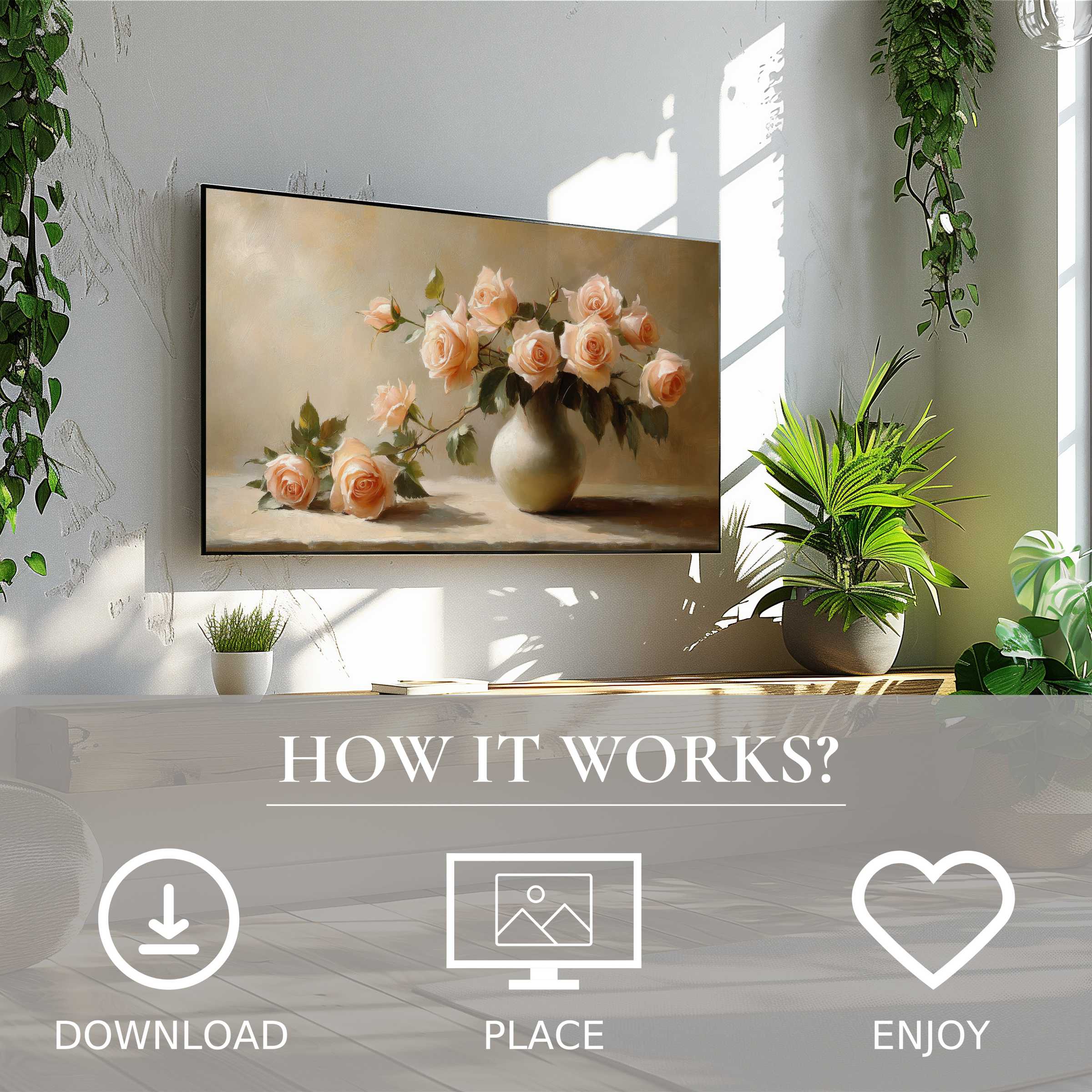 Floral art for Samsung TV: soft peach roses on beige, easy digital download enriches modern, bright living space