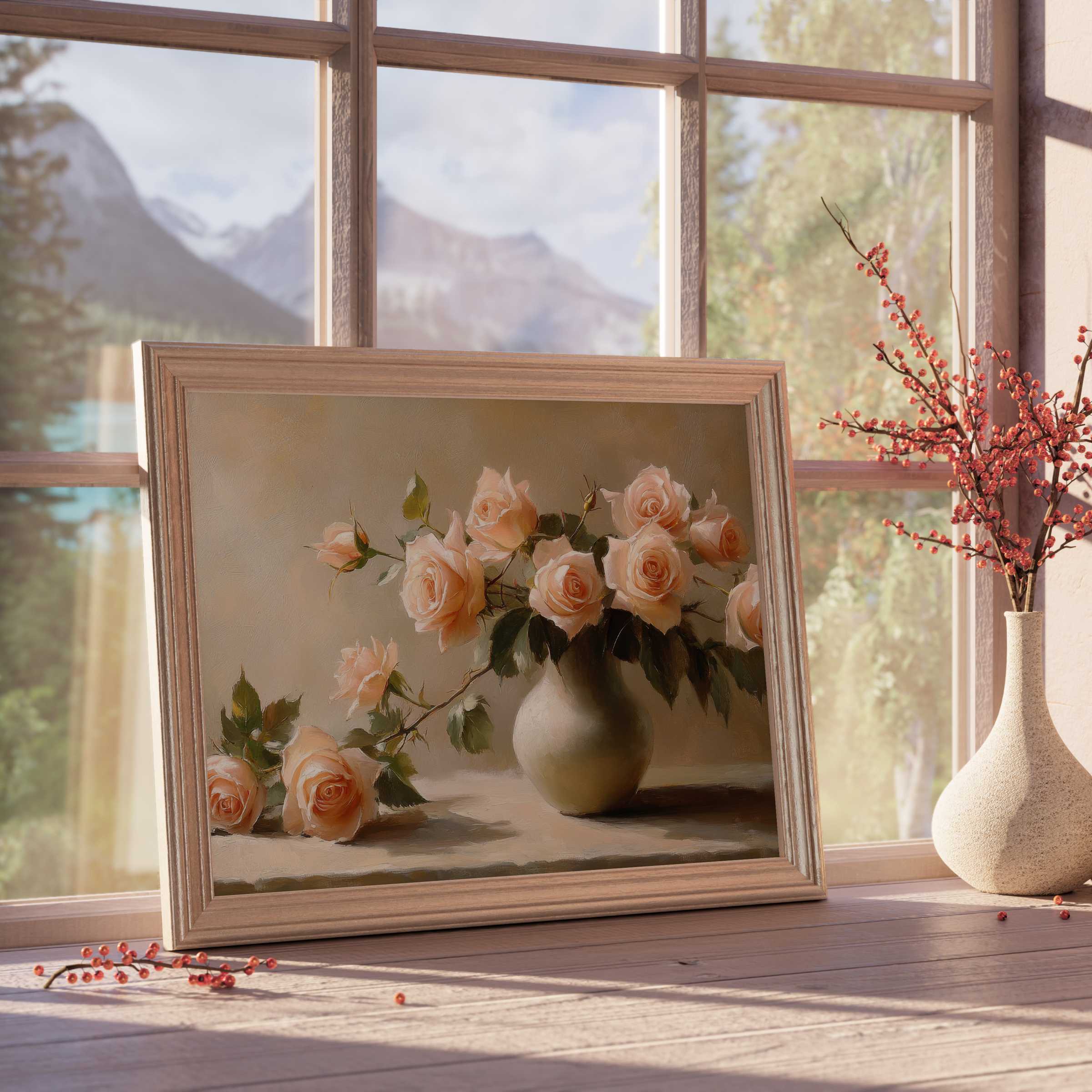 Elegant floral downloadable art featuring soft peach roses in a classic vase, enhancing serene, design-forward interiors