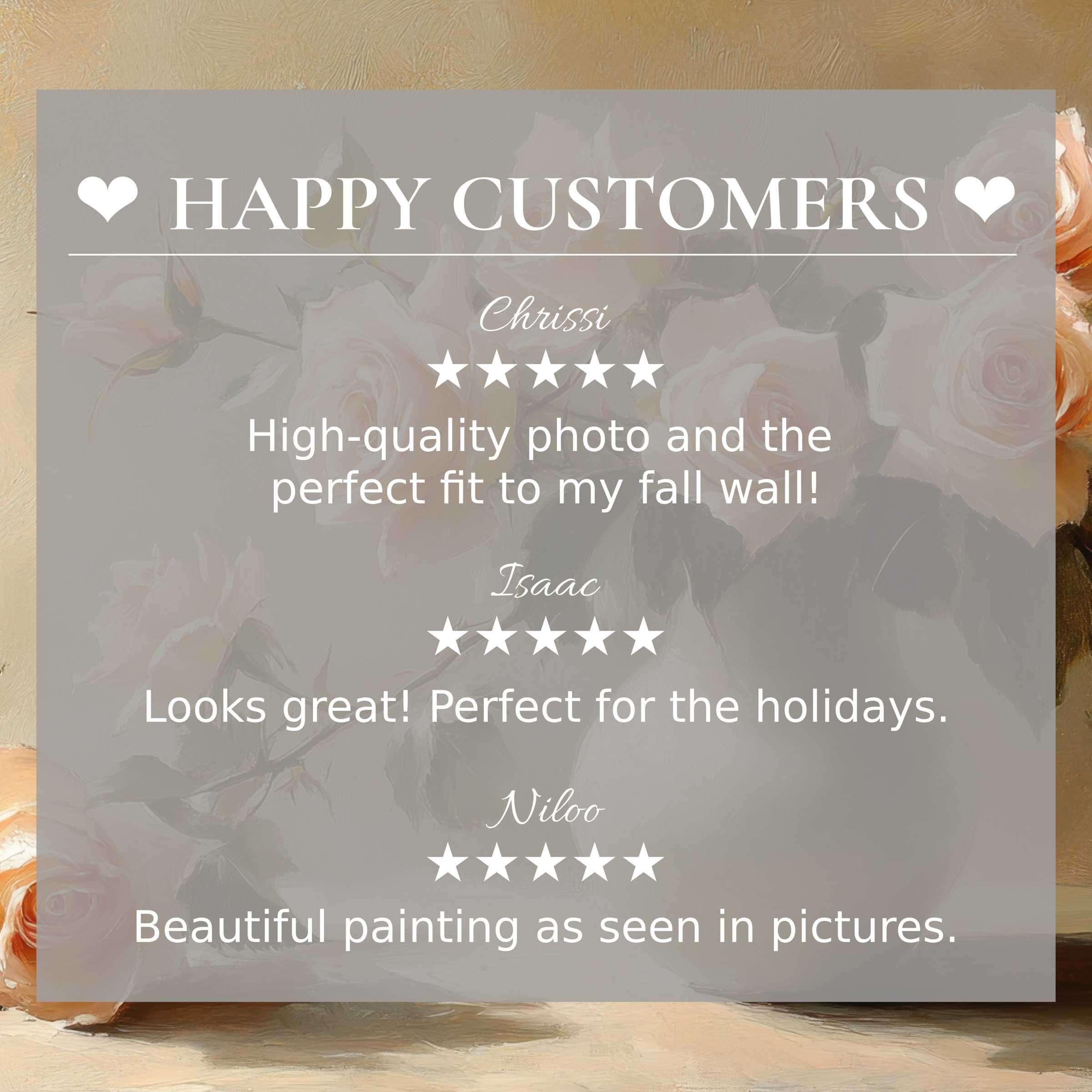 Elegant floral art for Frame TV with soft peach roses and leaves; happy customer reviews inspire trust and style