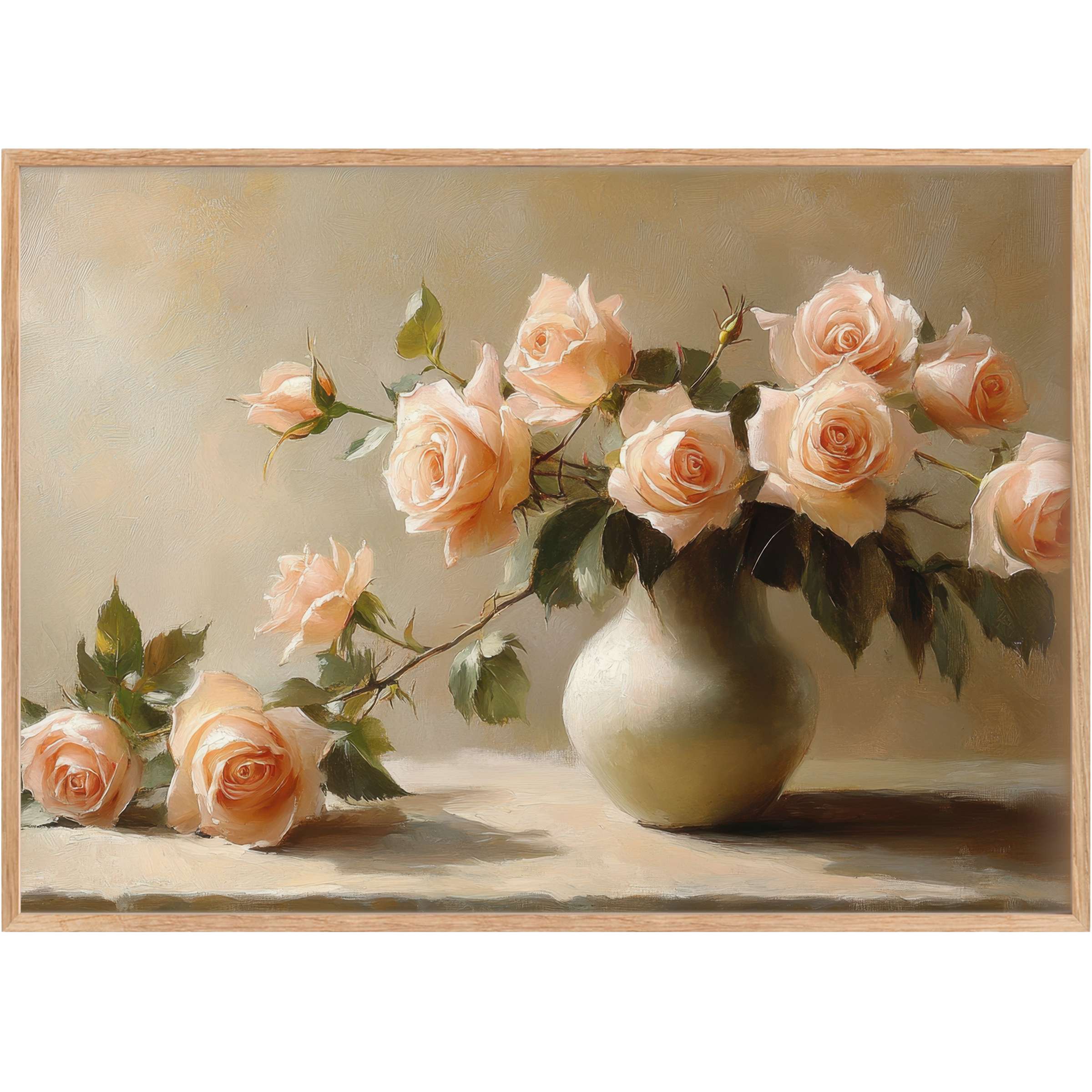 Elegant floral printable wall art featuring soft peach roses in a muted vase, creating a serene and timeless ambiance