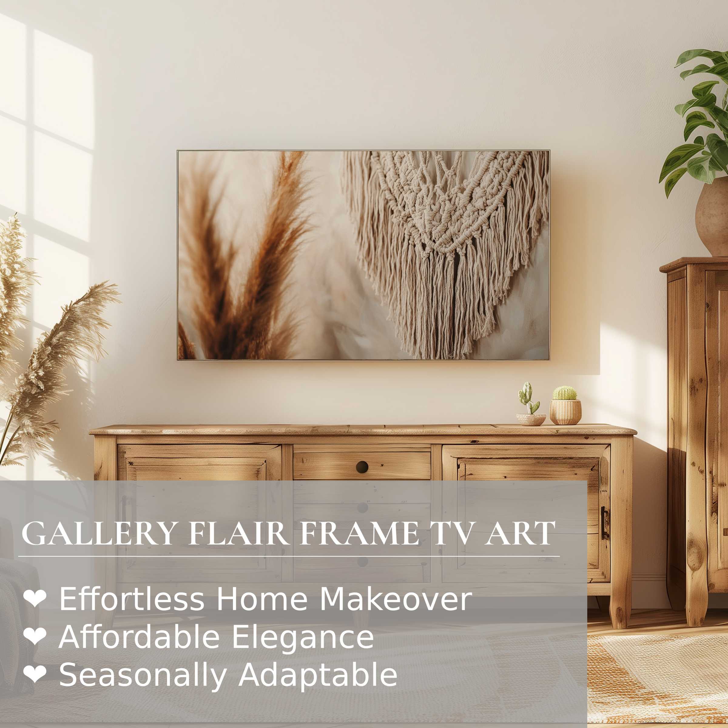 Samsung Frame TV showcasing boho digital artwork in a sunlit, neutral-toned room with warm wooden furniture