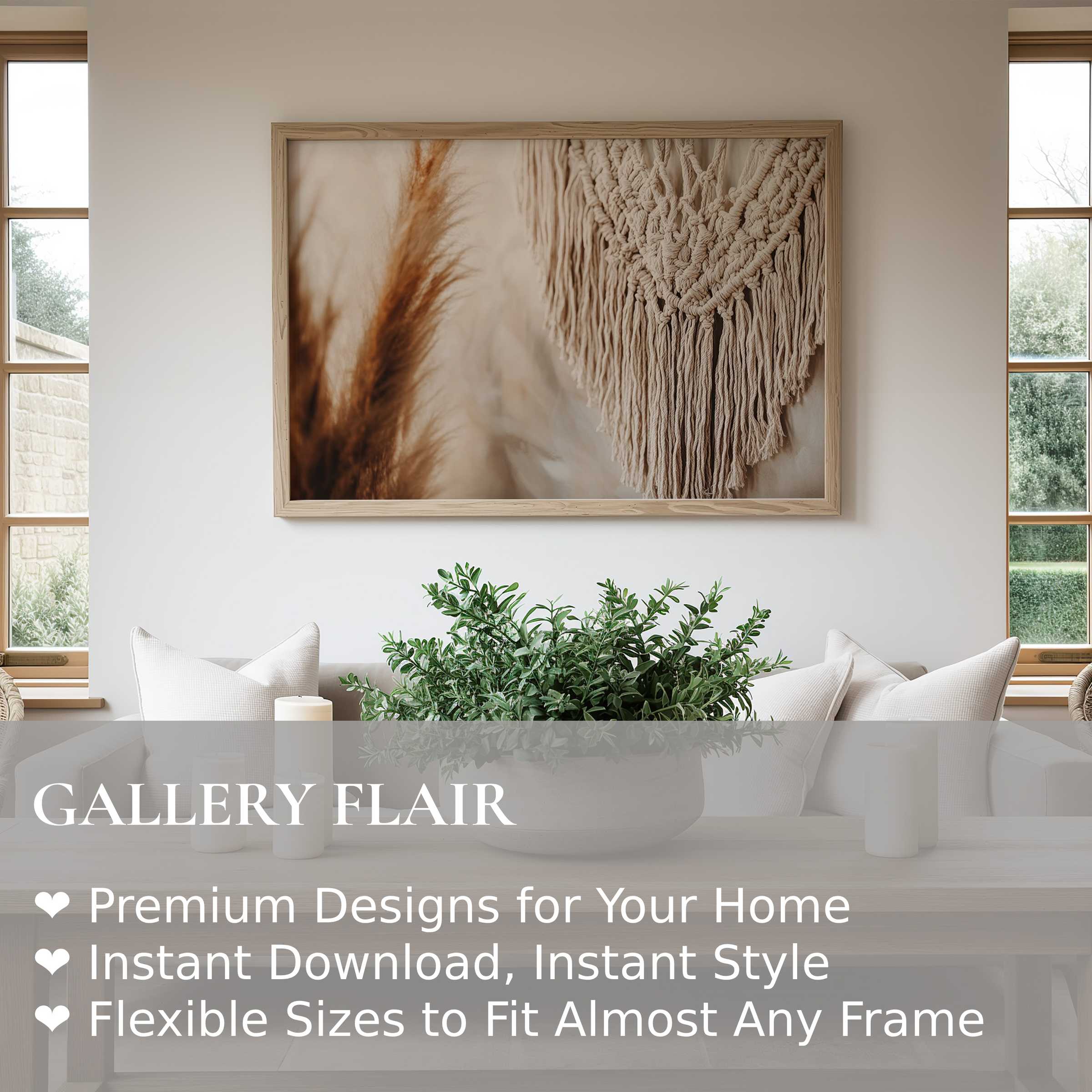 Boho wall art print featuring textured macrame and pampas grass in a serene, natural tone that enhances calming modern interiors