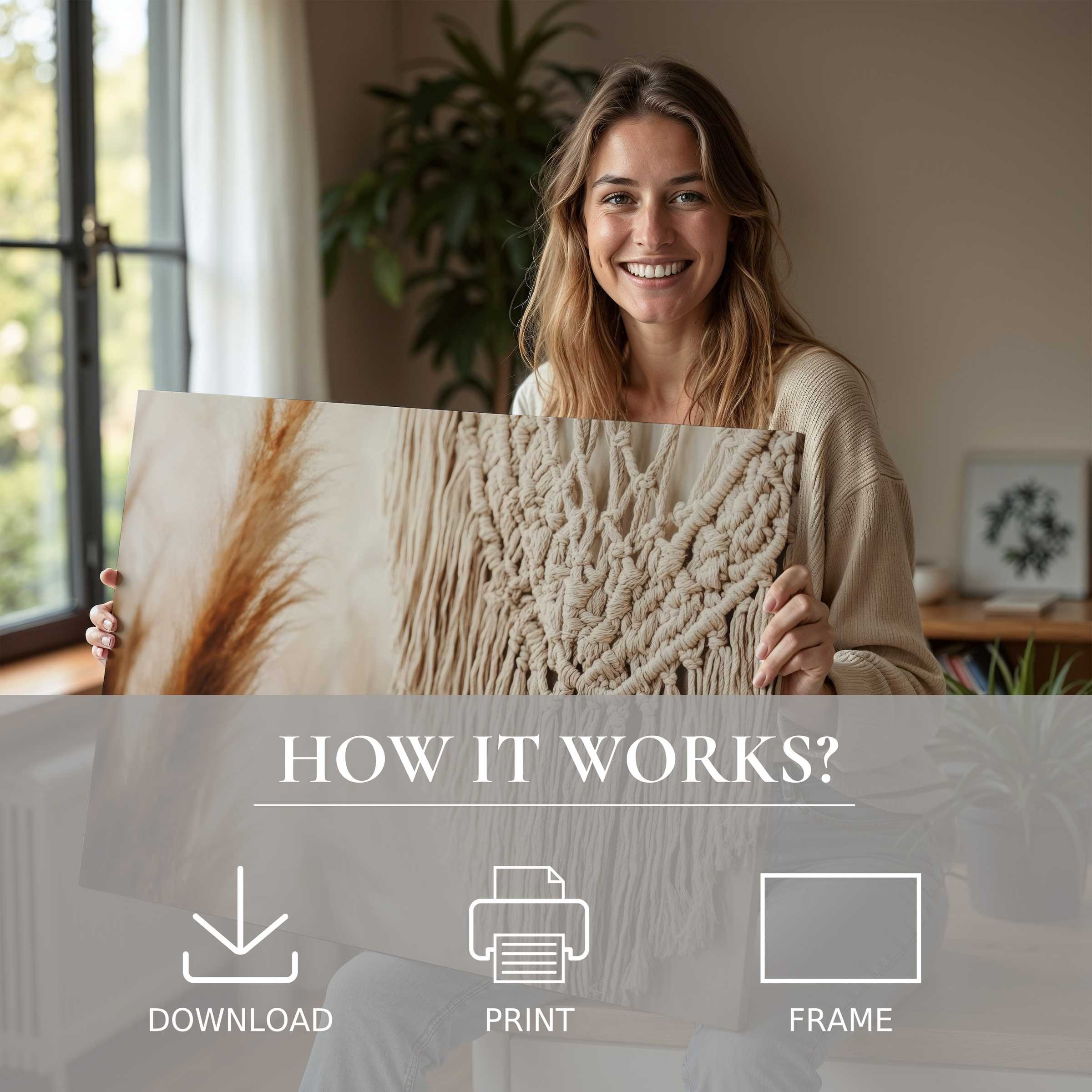 Joyful woman embraces boho digital art print in serene modern home, celebrating effortless elegance and soulful connection with art