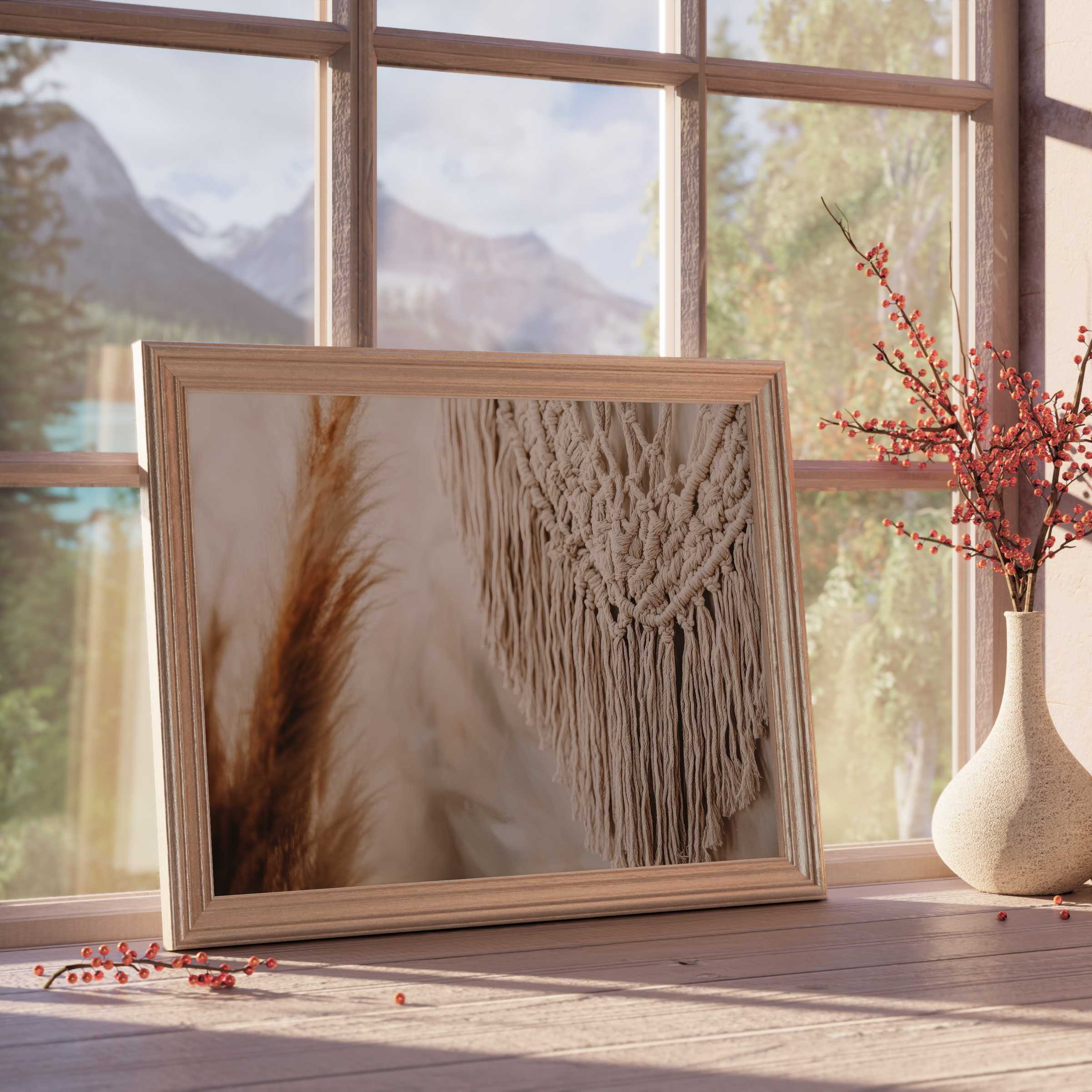 Boho downloadable art with textured macramé and pampas grass, radiating warm tranquility in curated, nature-inspired interiors