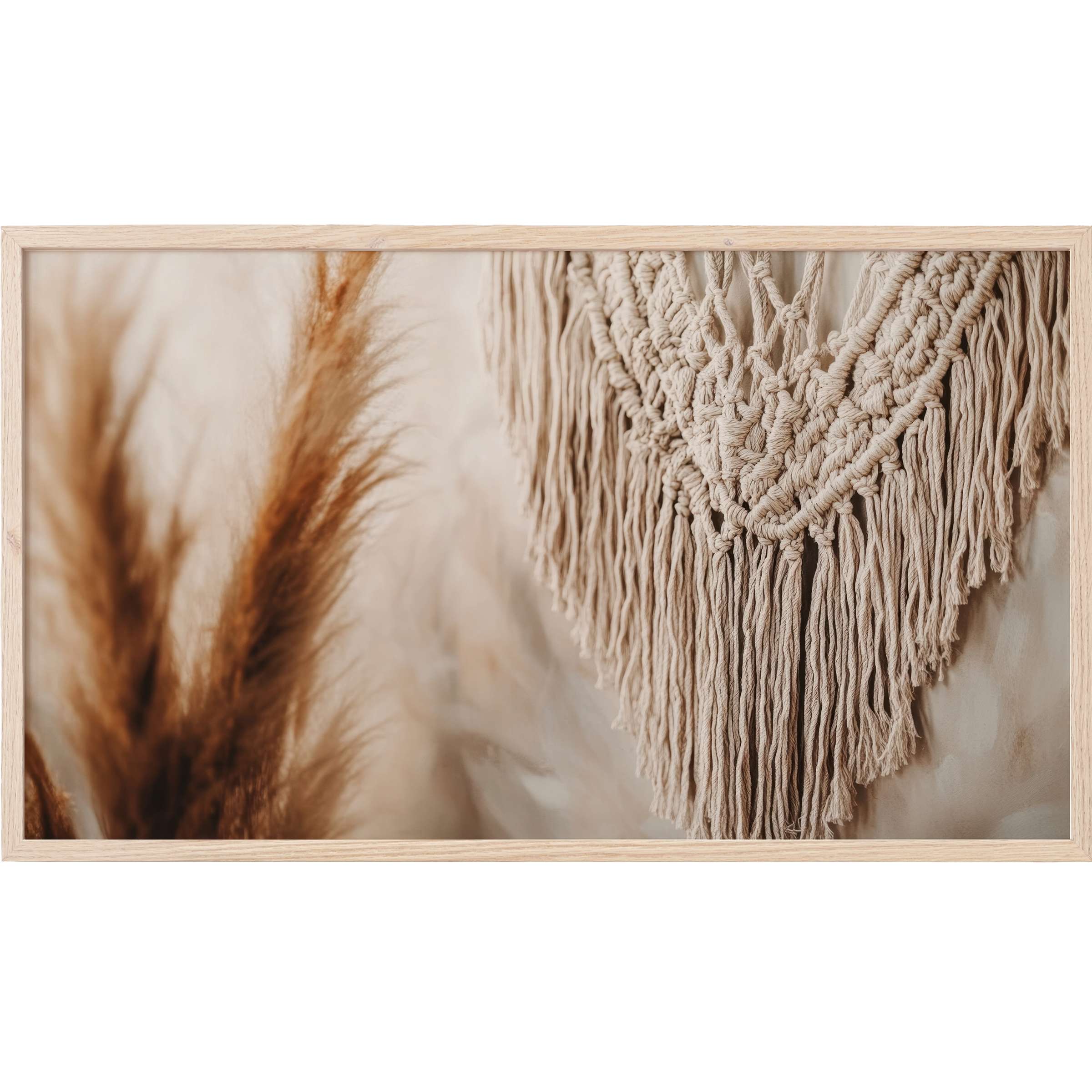 Boho Frame TV Art featuring detailed macramé and pampas grass in soft beige and warm brown tones
