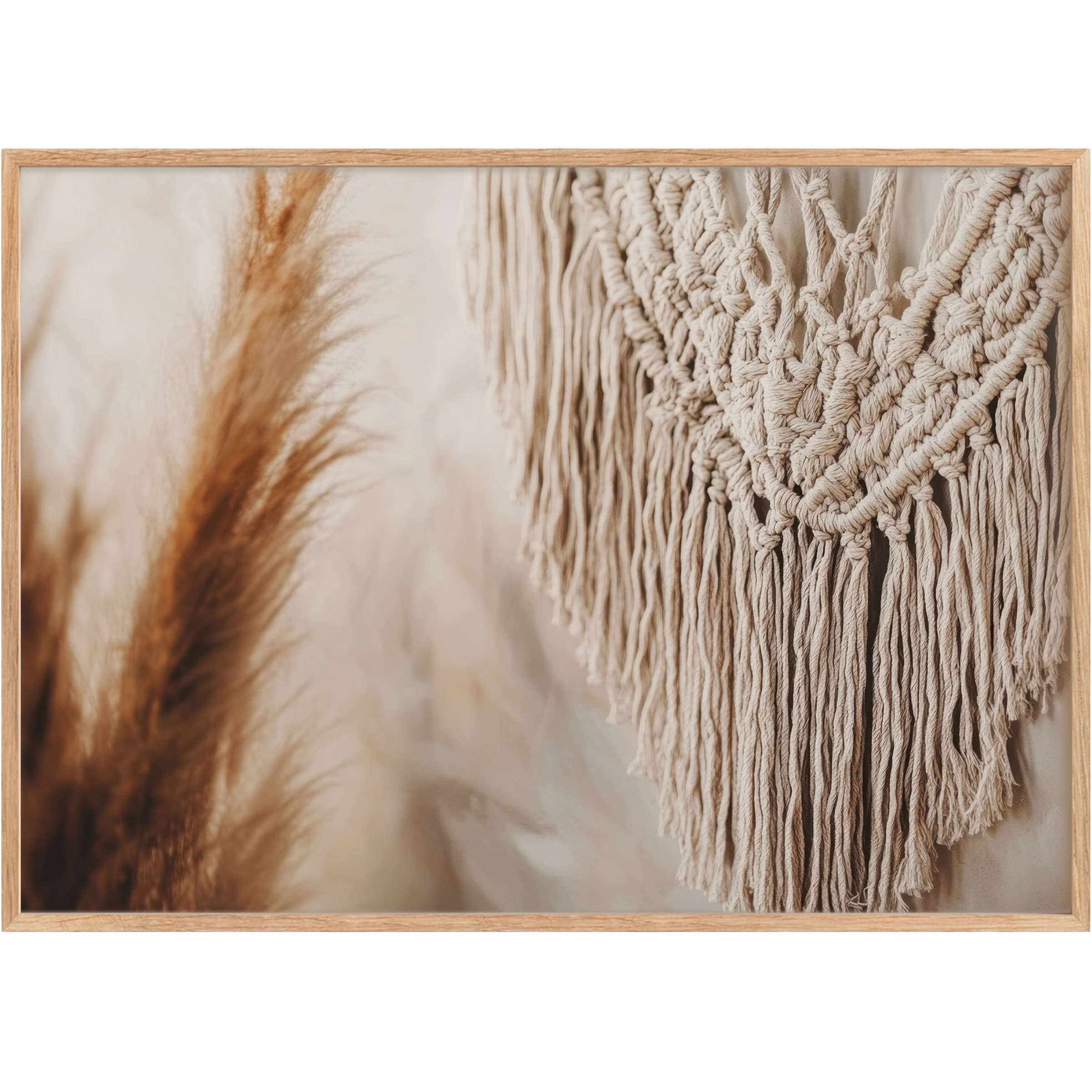 Boho printable wall art featuring textured macrame and warm pampas grass tones, evoking a serene and earthy ambiance