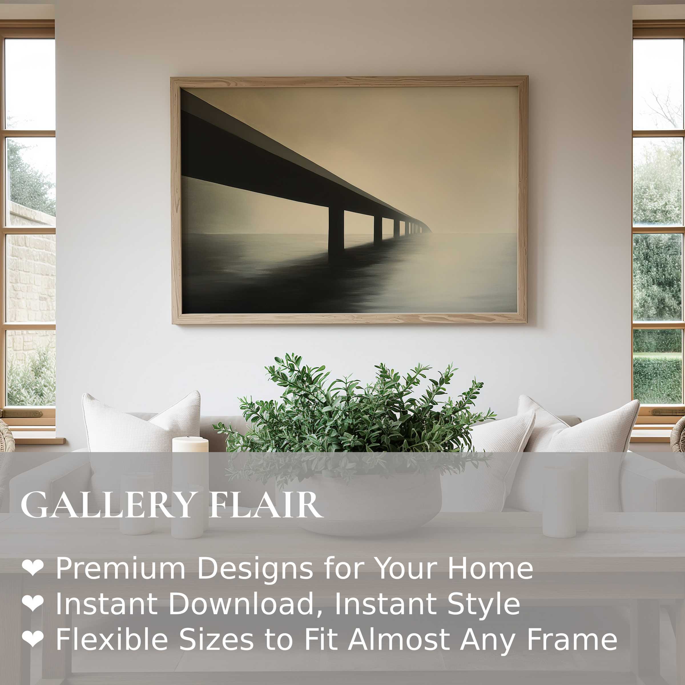 Minimalist wall art print featuring a serene, misty bridge in soft neutral tones, elevating modern Scandinavian living spaces with calming elegance