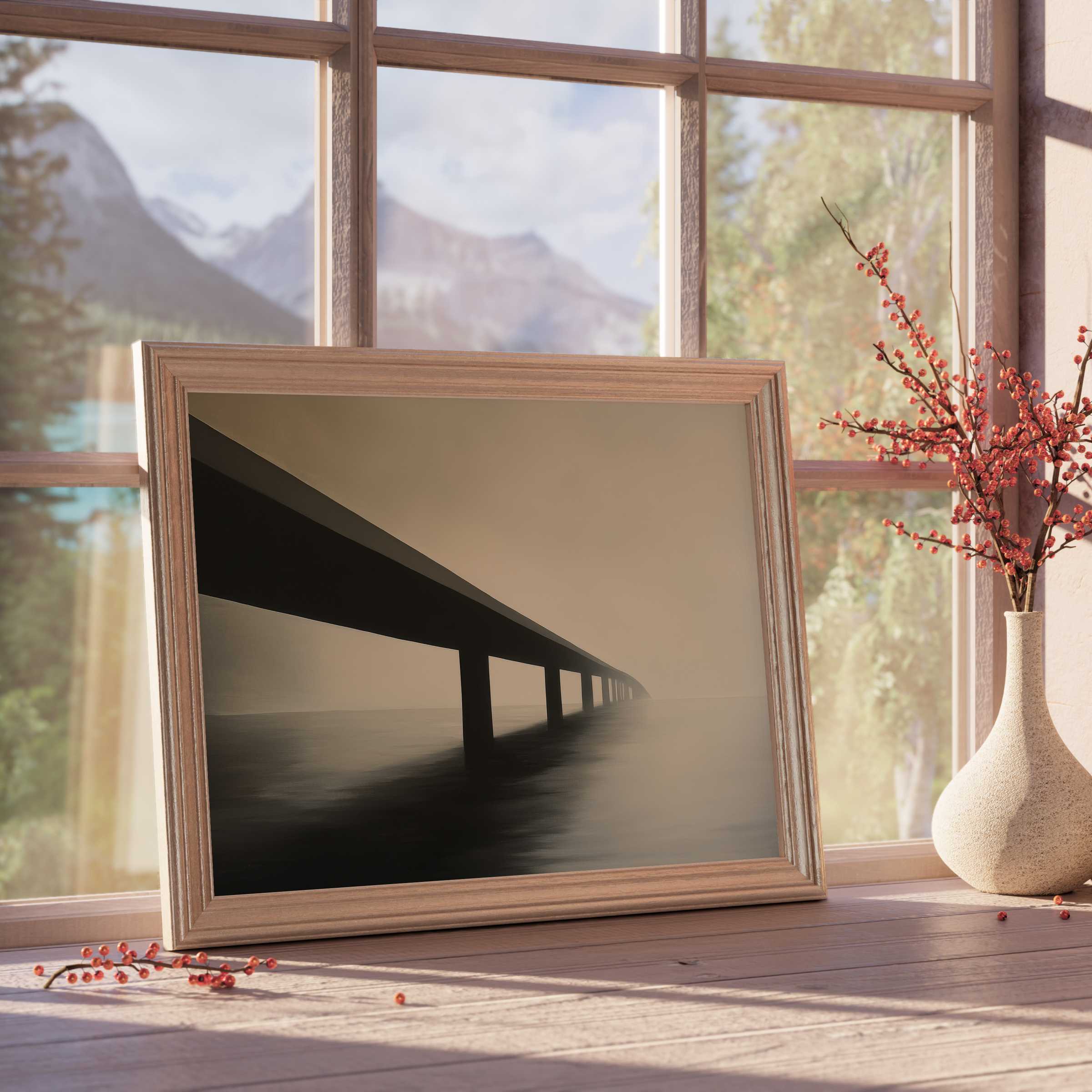 Minimalist downloadable art of serene bridge silhouette in soft mist, enhancing calm, curated interiors with timeless, tranquil elegance