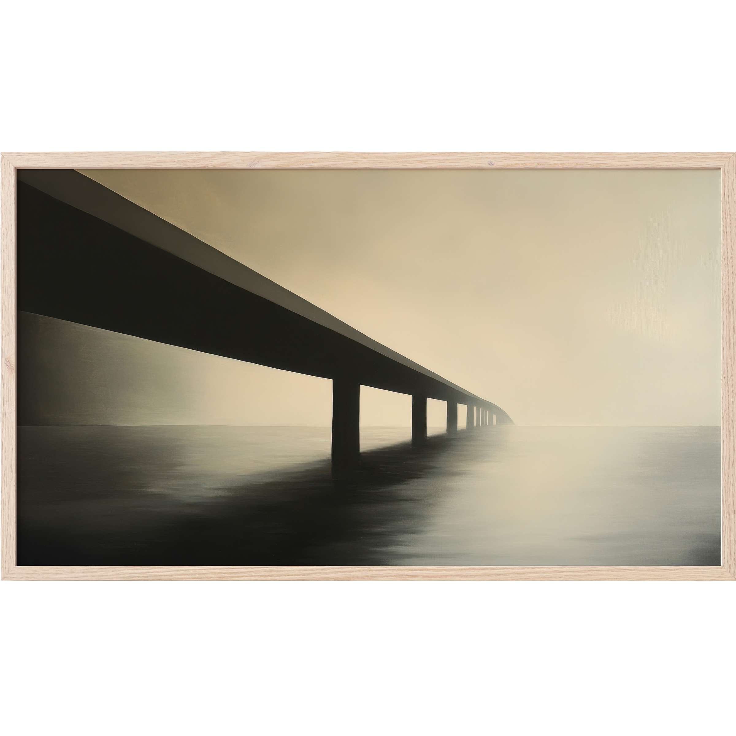 Ethereal monochrome bridge fading into mist, soft gradients in black and beige, minimalist Frame TV Art for elegant spaces