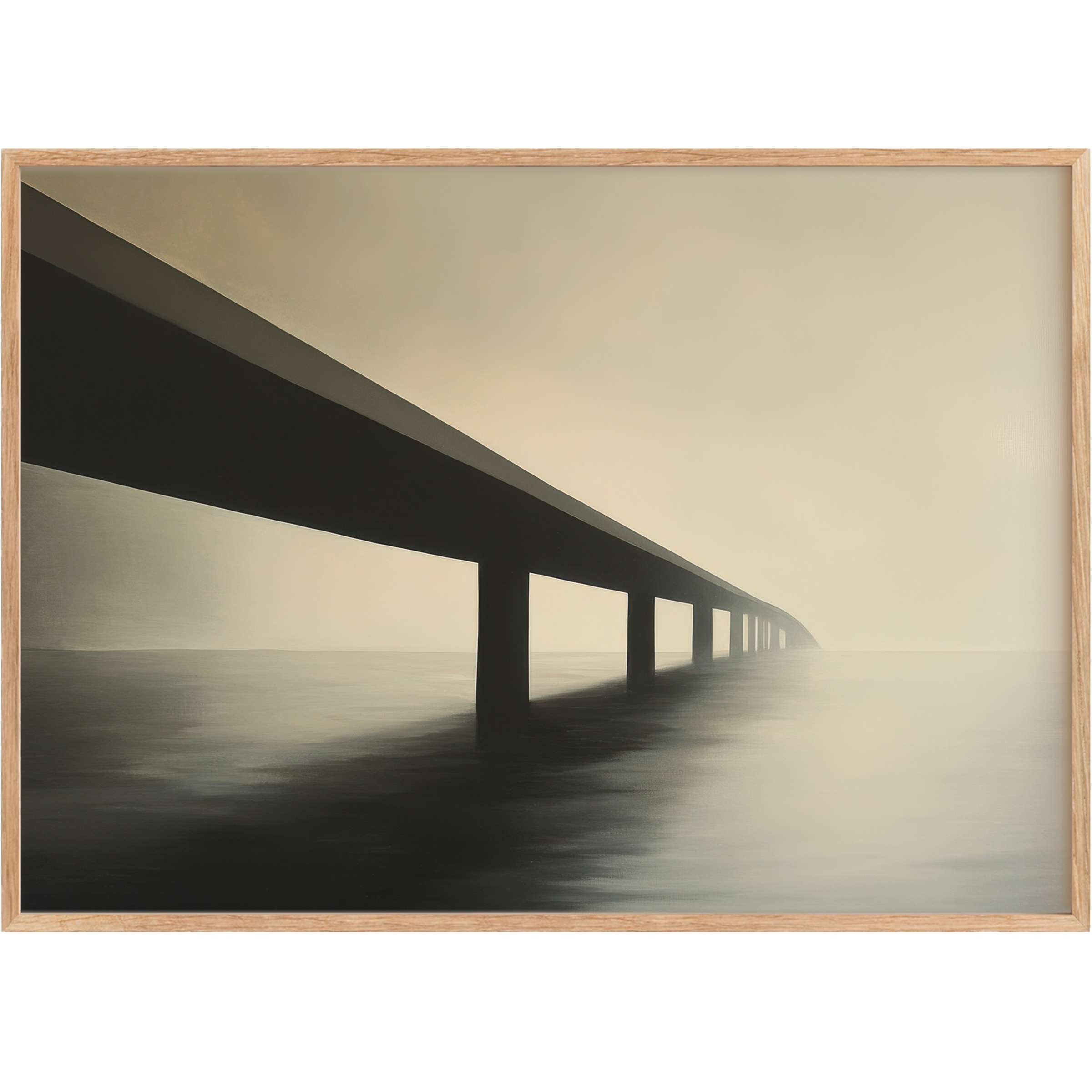 Minimalist printable wall art of a serene bridge fading into mist, evoking calm with soft beige and deep charcoal tones