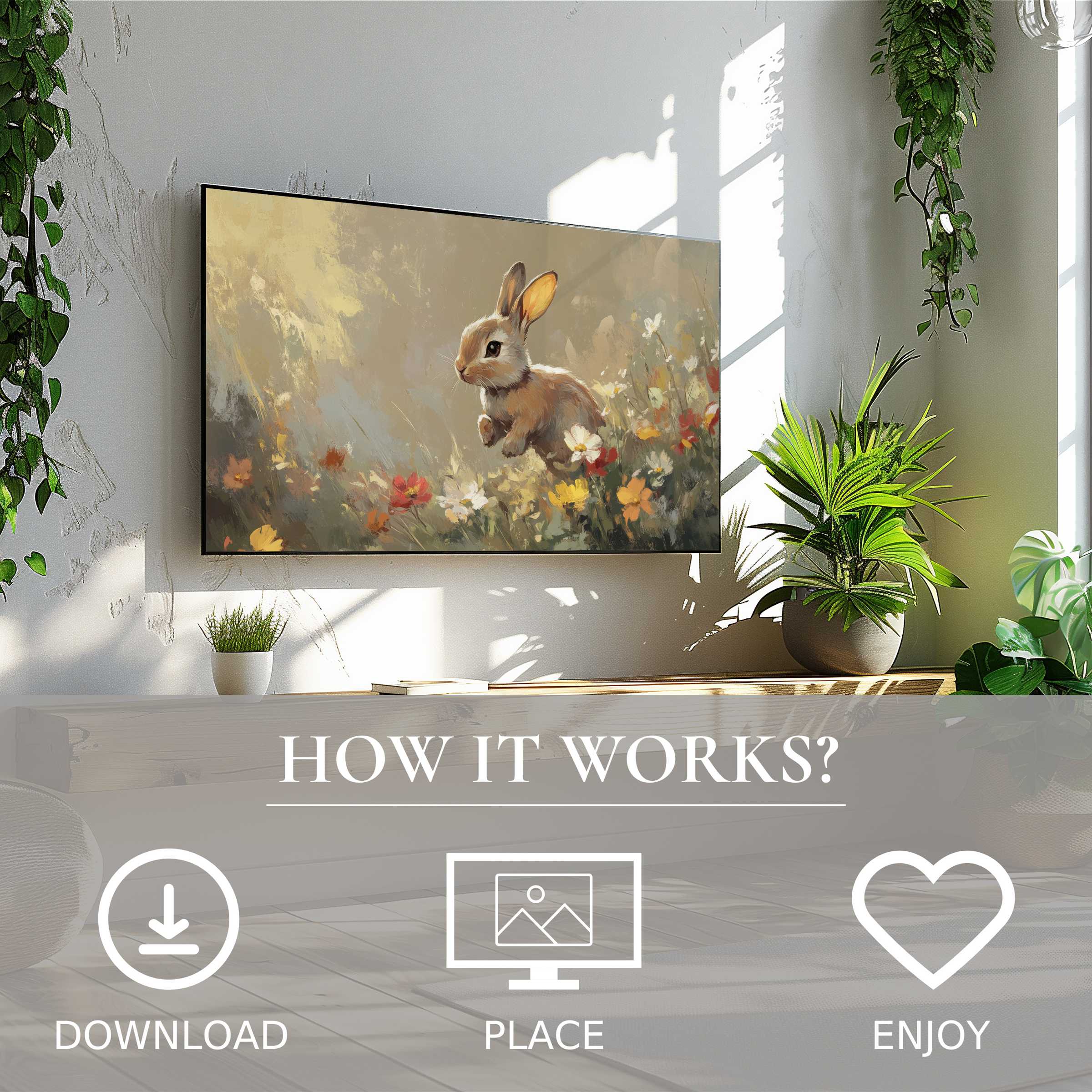 Modern living space with easter art for Samsung TV showing a soft floral color flow; easy digital download enriches decor