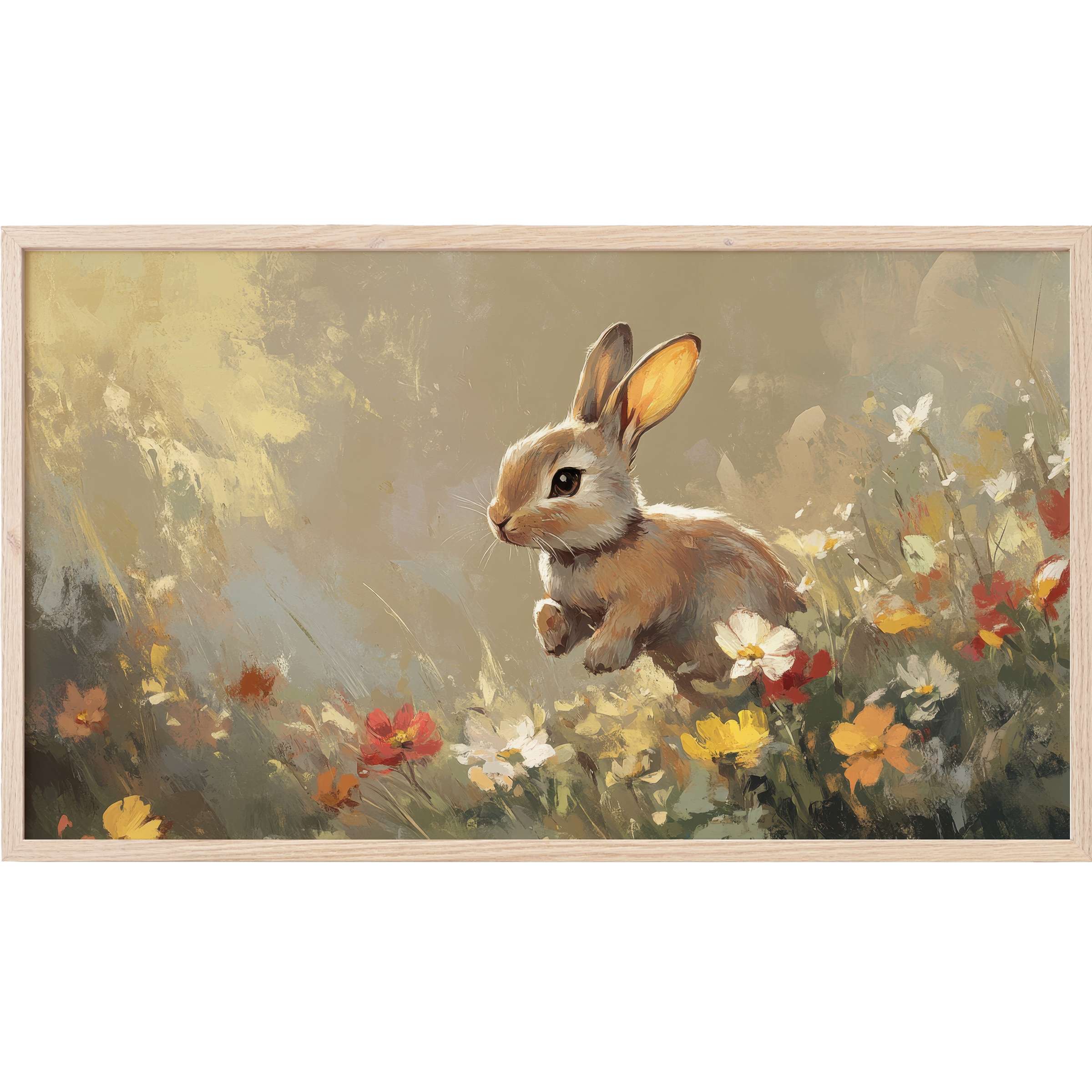 Graceful rabbit leaps over vibrant wildflowers in soft earthy tones, an elegant easter Frame TV Art piece