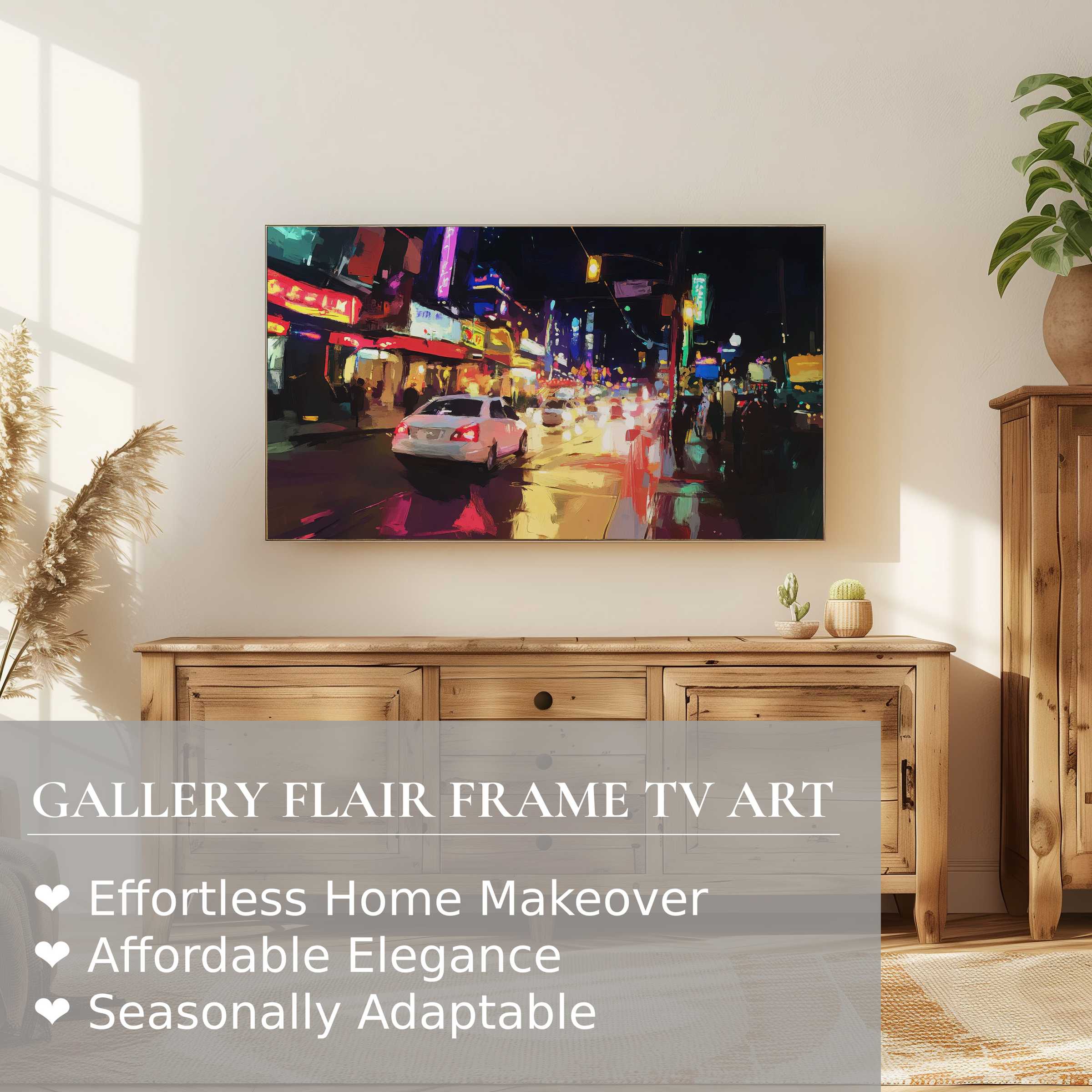 Modern living room with warm wood tones showcasing vibrant urban digital artwork on Samsung Frame TV