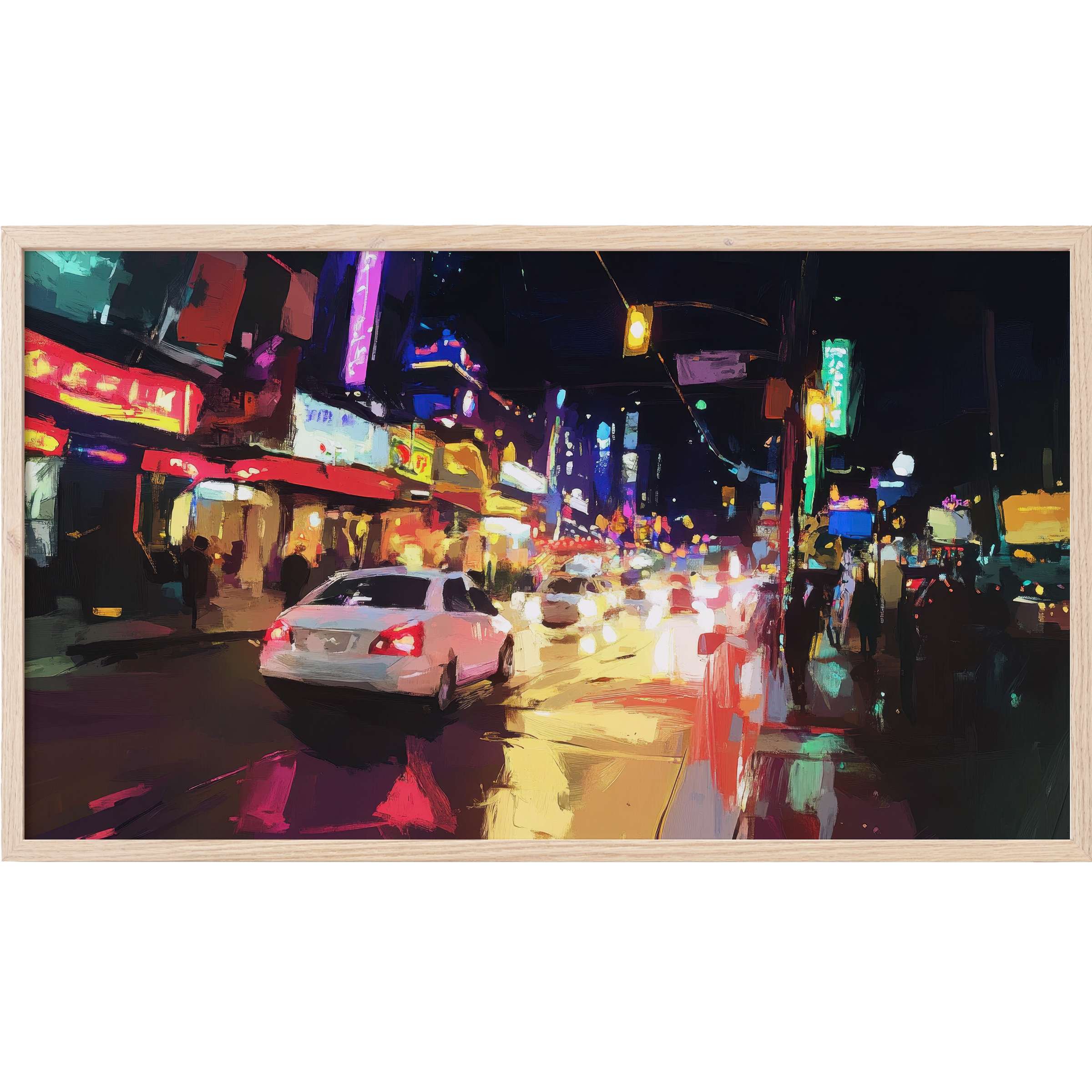 Vibrant night city scene with glowing neon lights and reflections, an urban Frame TV Art in bold, contemporary style