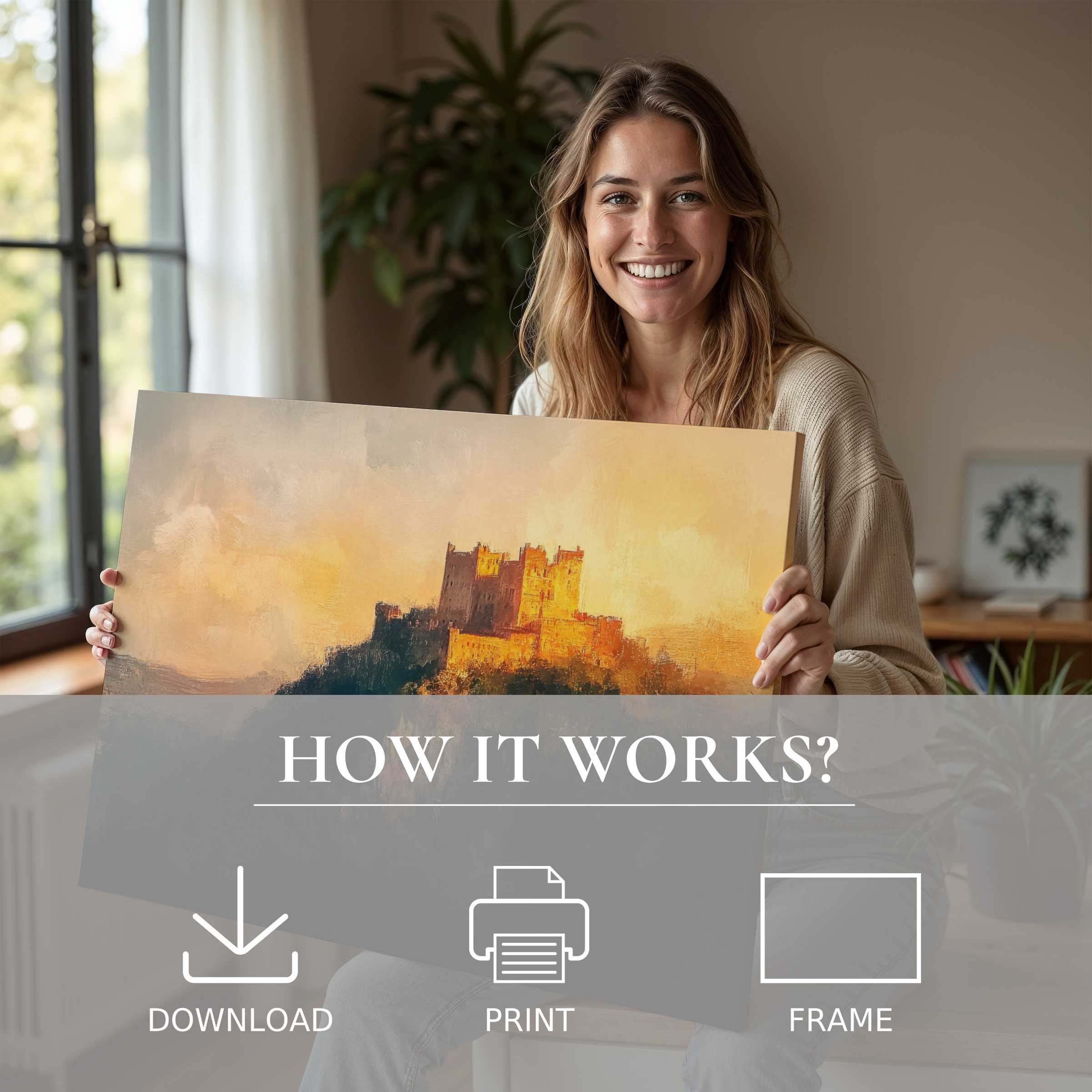 A vintage digital art print radiates timeless warmth as a woman shares a serene moment of joy in her stylish modern home