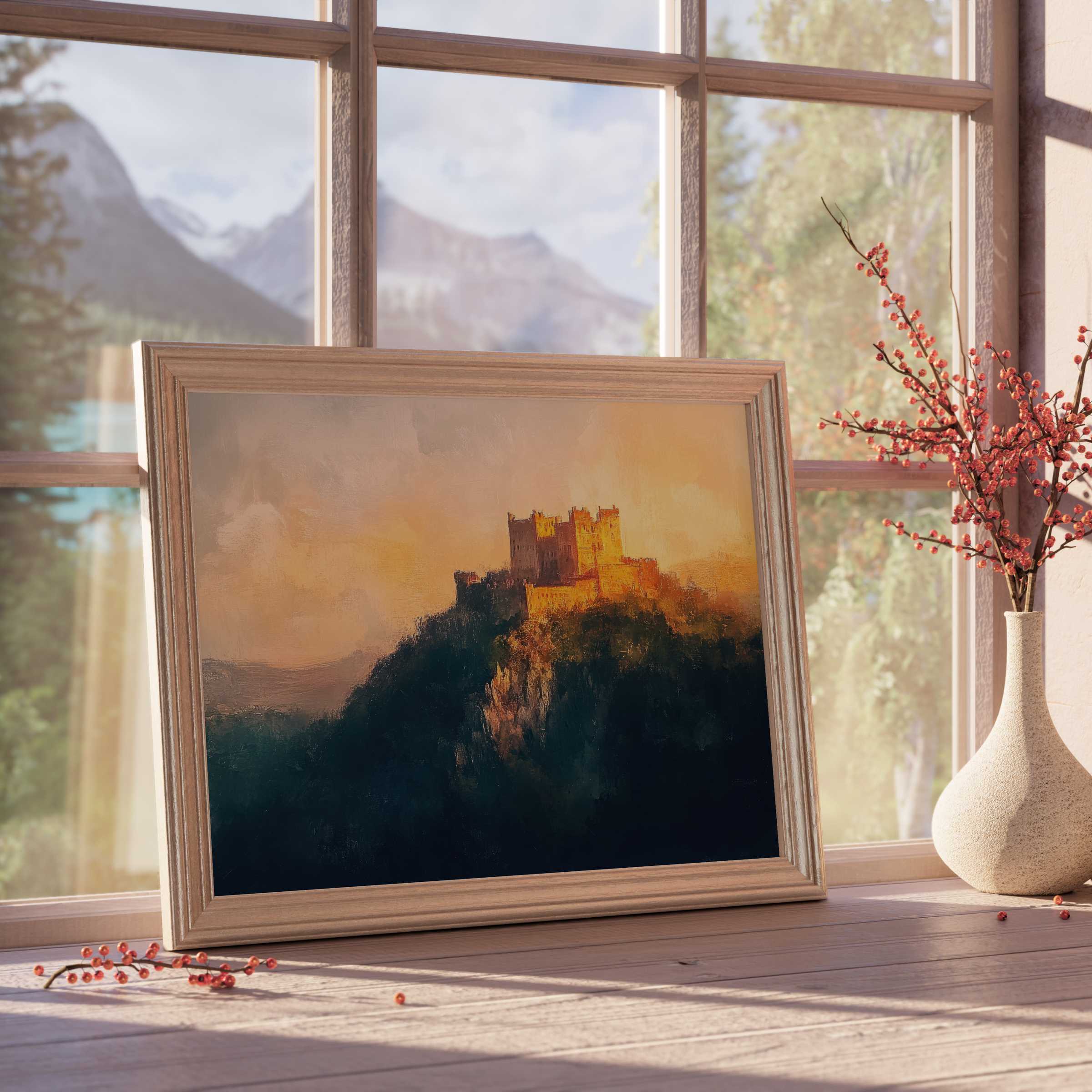Vintage downloadable art evokes timeless serenity with a glowing castle atop misty hills, enriching chic, tranquil interiors