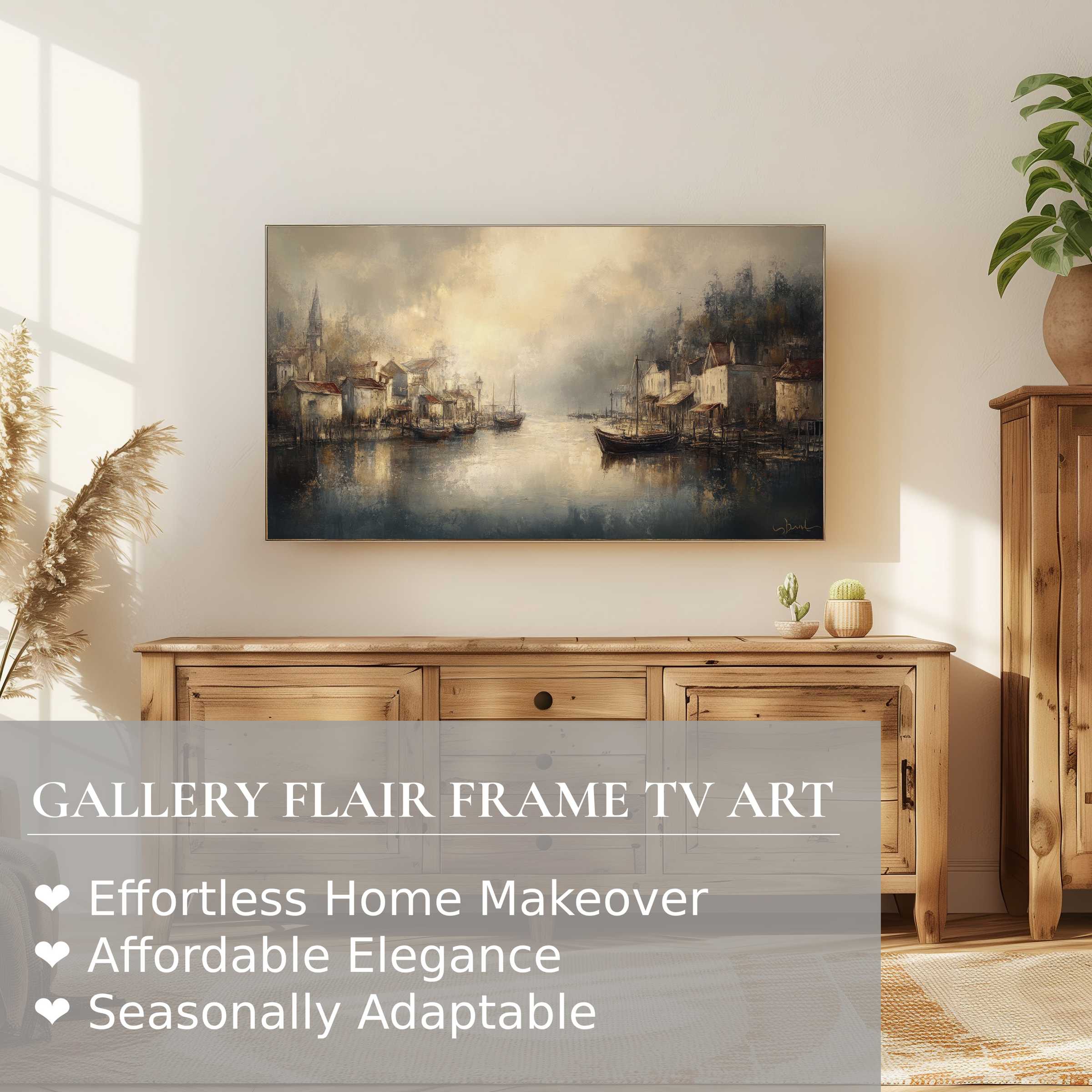Samsung Frame TV displays moody, coastal digital artwork in a soft, warm-toned living space, blending art and décor