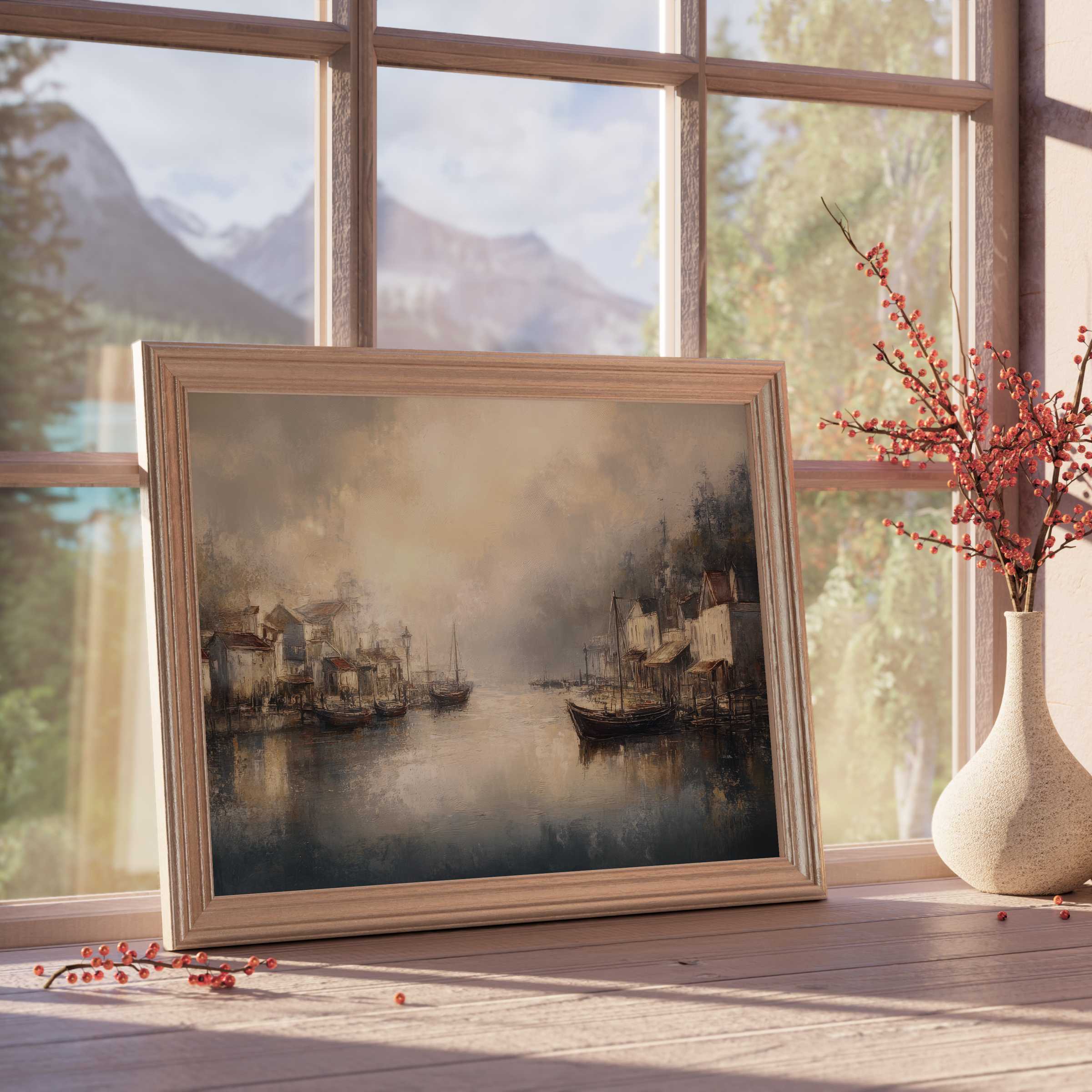 Coastal downloadable art capturing misty harbor tranquility with aged boats, enhancing serene, curated modern interiors