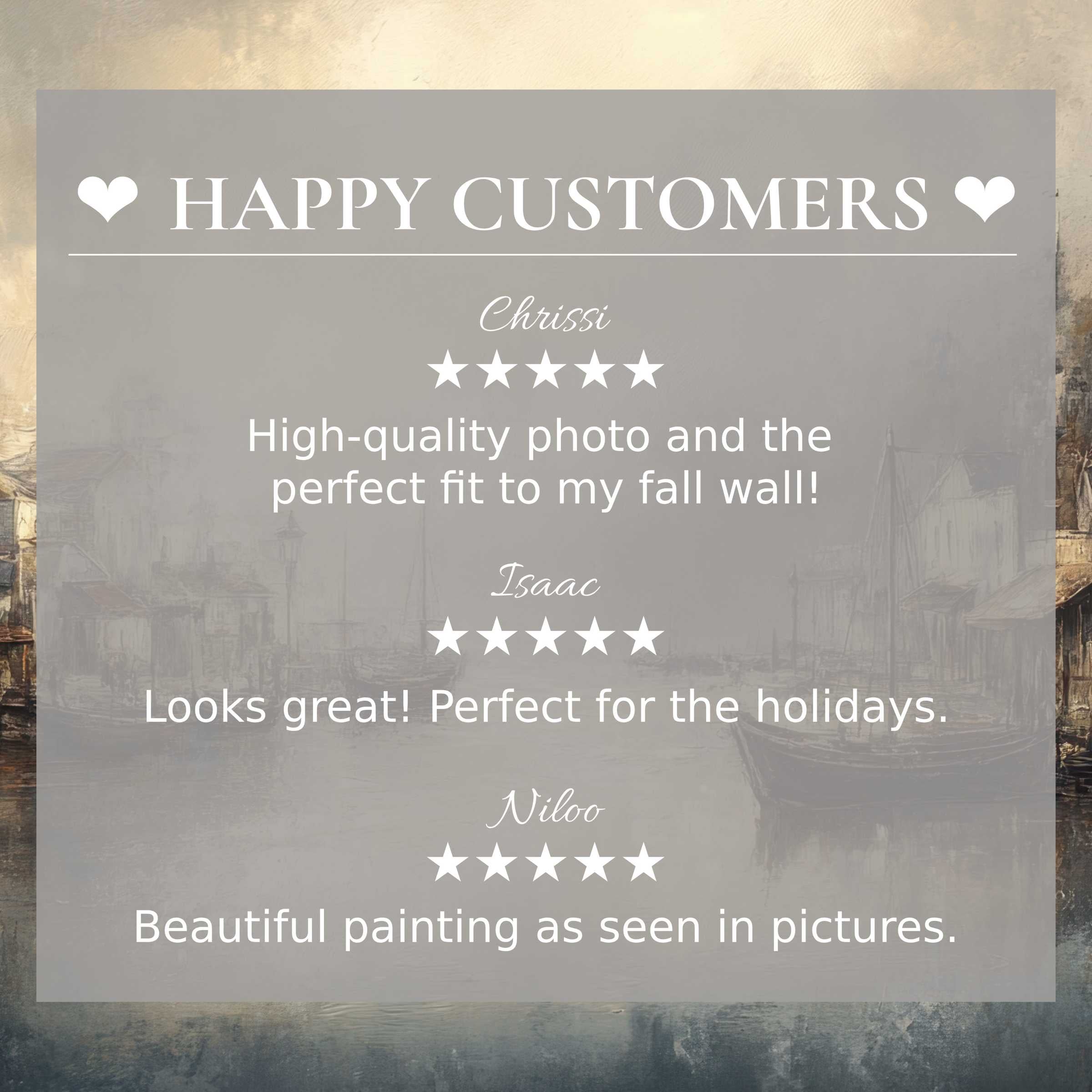 Coastal art for Frame TV with abstract muted harbor scene, showcasing happy customer reviews and refined elegance