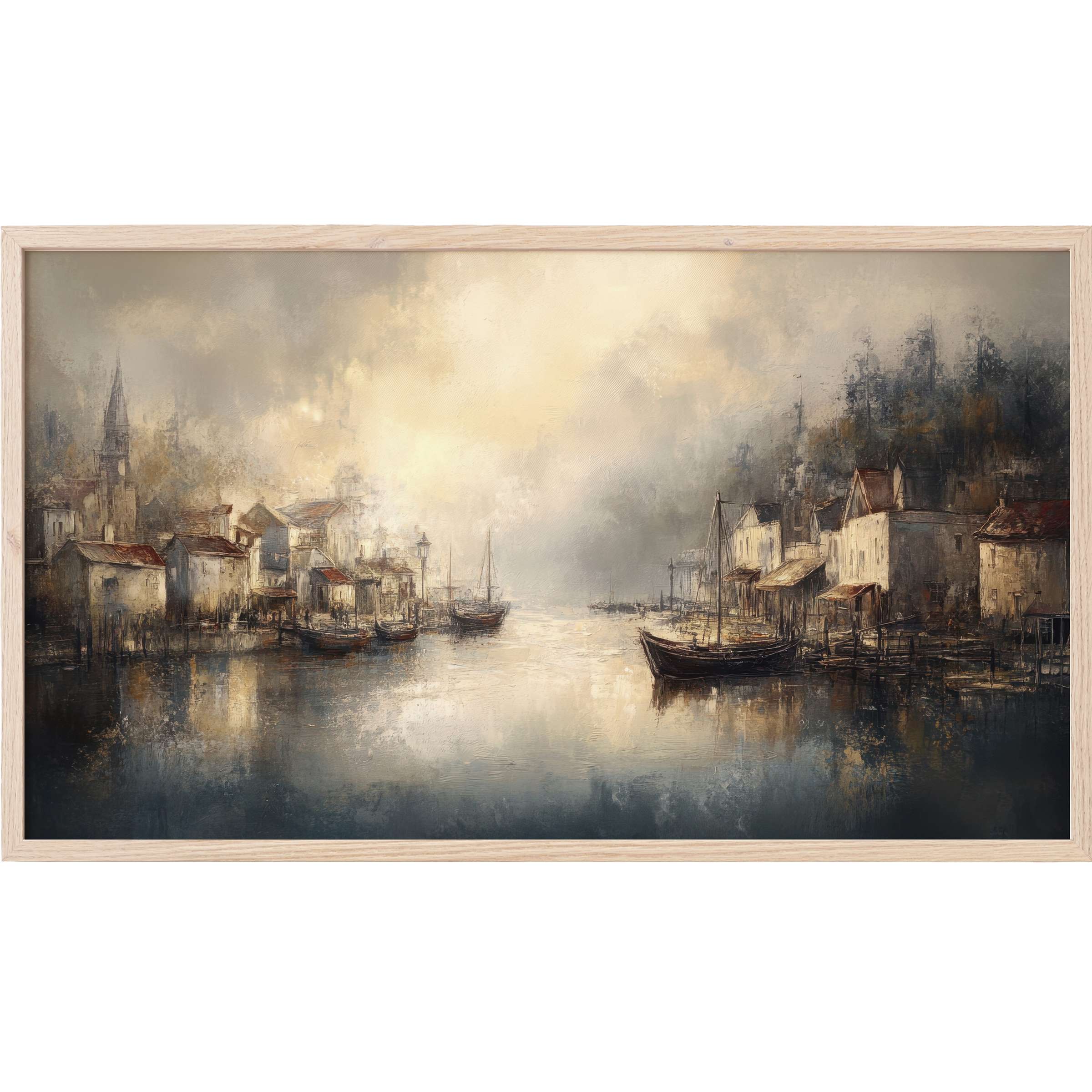 Coastal Frame TV Art depicting a serene harbor scene in muted grays, creams, and warm browns with a misty, modern touch